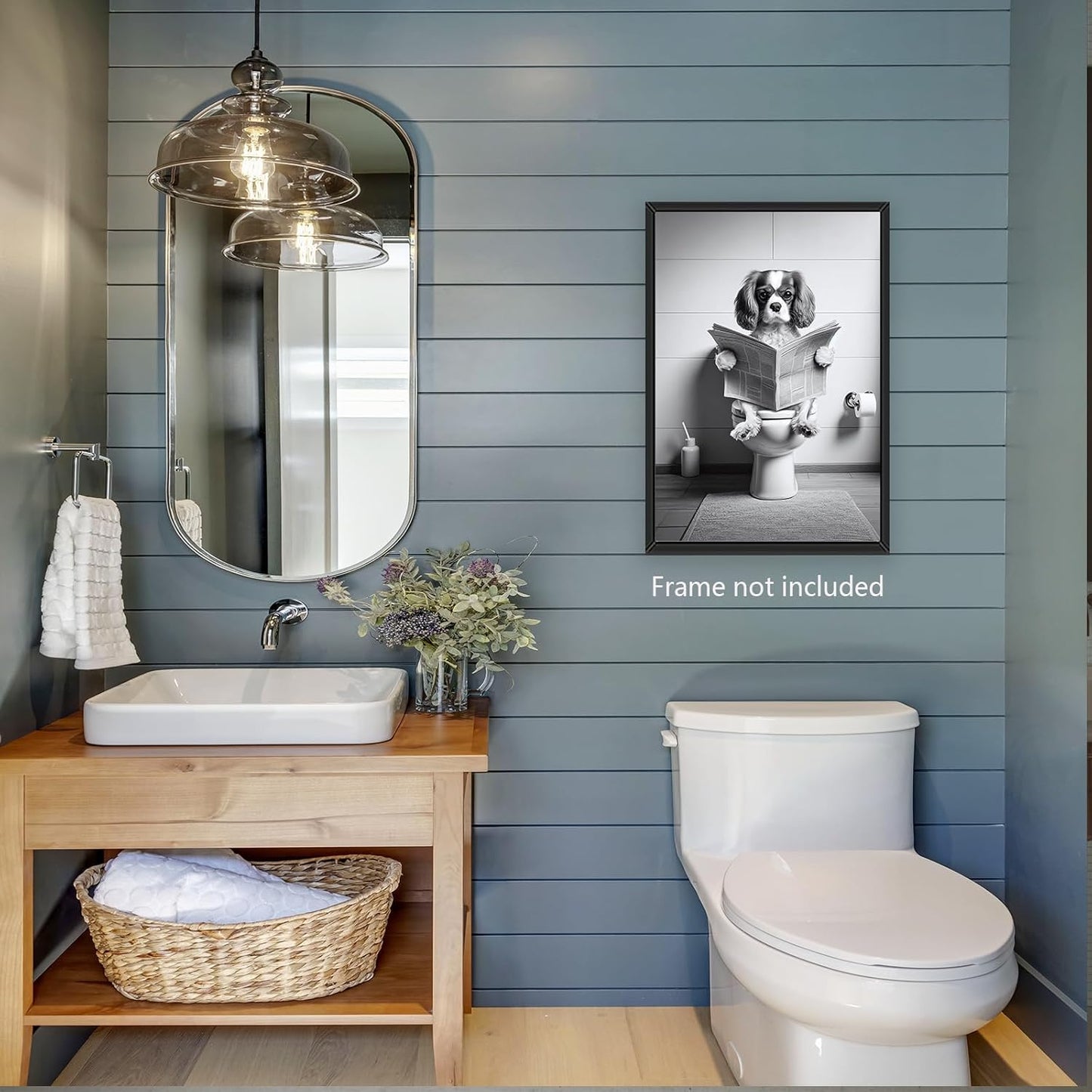 Funny Bathroom Dog Wall Art Black and White Animal Pictures Print Cavalier King Charles Spaniel Reading Newspaper Poster Artwork Decor 8x10in Unframed for Bathroom Restroom Home