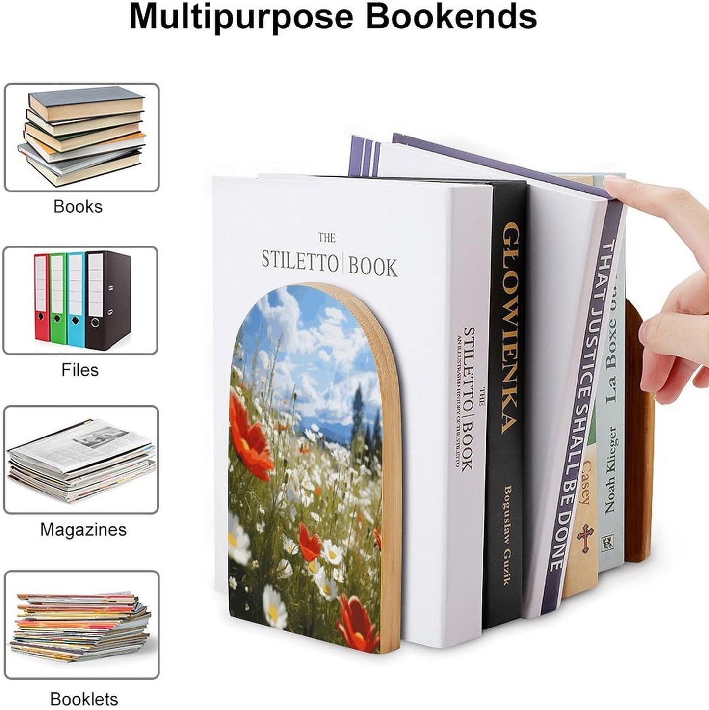 Meadow and Daisy Flowers Bookend for Shelves Wooden Book End Large Size Sturdy Book Holders Stoppers with Metal Base for Bookshelves Slick Decorative Bookends Stands