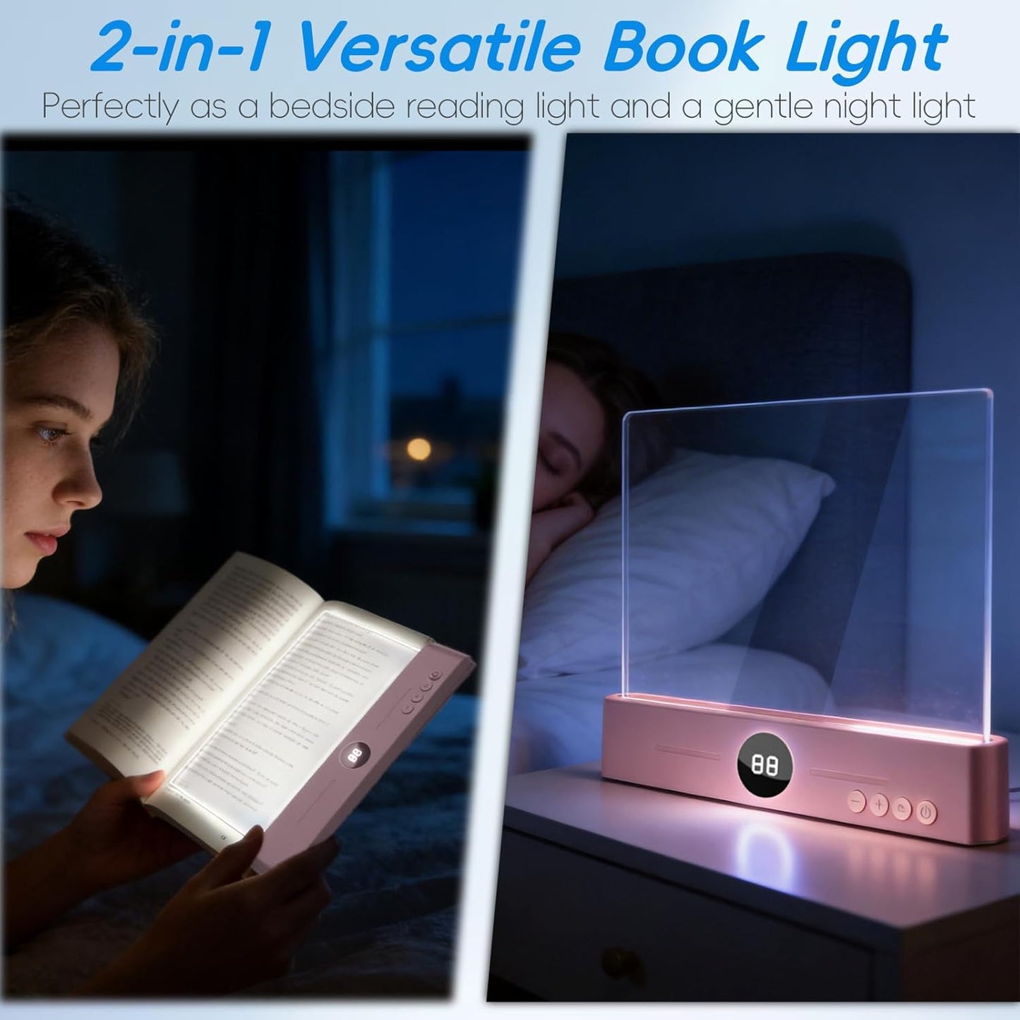 LED Clear Flat Book Light,Rechargeable Clear Flat Panel Reading Lamp with 3 Color Temperatures, Dimmable & Timer, Full Page Illumination for Bedtime Reading, USB-C Charging (Pink)
