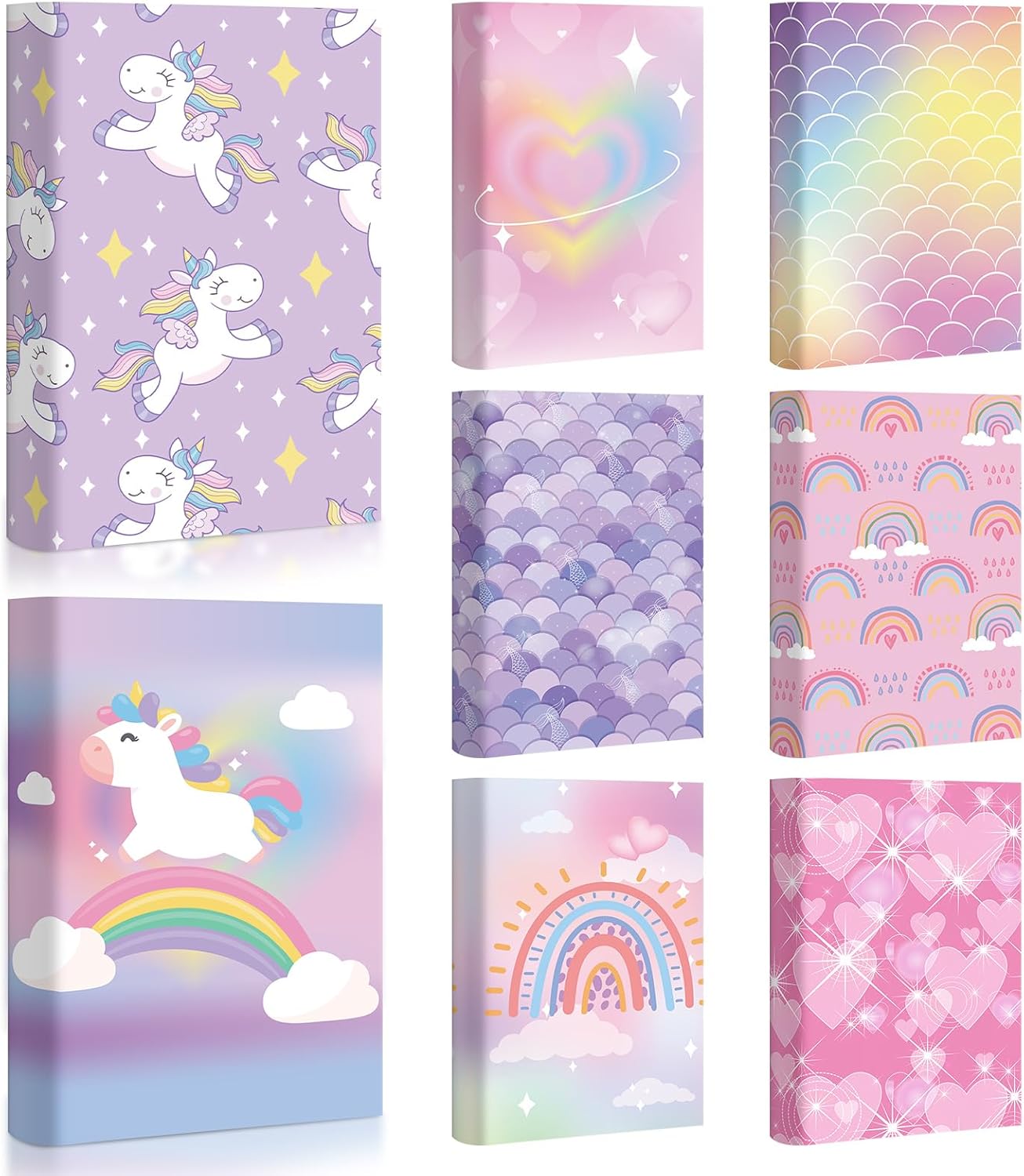 8 Pcs Jumbo Rainbow Stretchable Book Covers 9 x 11 Inches Reusable Washable Fabric Book Protective Covers for Girls Boys Kids and Teens Teachers for School Textbooks Hardcover Notebook