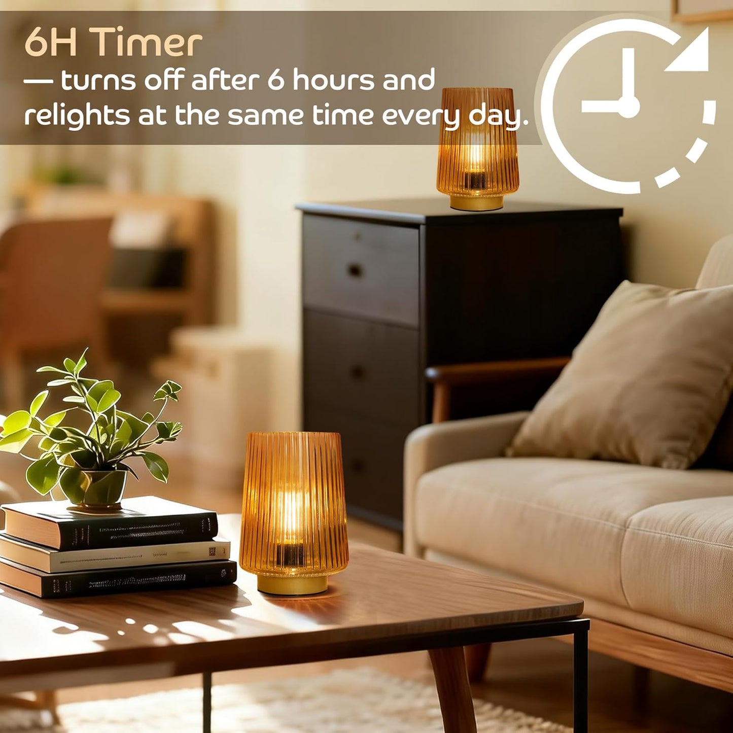 Battery Operated Lamp with Timer, Set of 2 Small Cozy Table Lamp Decorative Ambient Glass Lamp for Bedside & Home Decor, Aesthetic Cordless Battery Powered Accent Lamp for Living Room Shelf, Amber