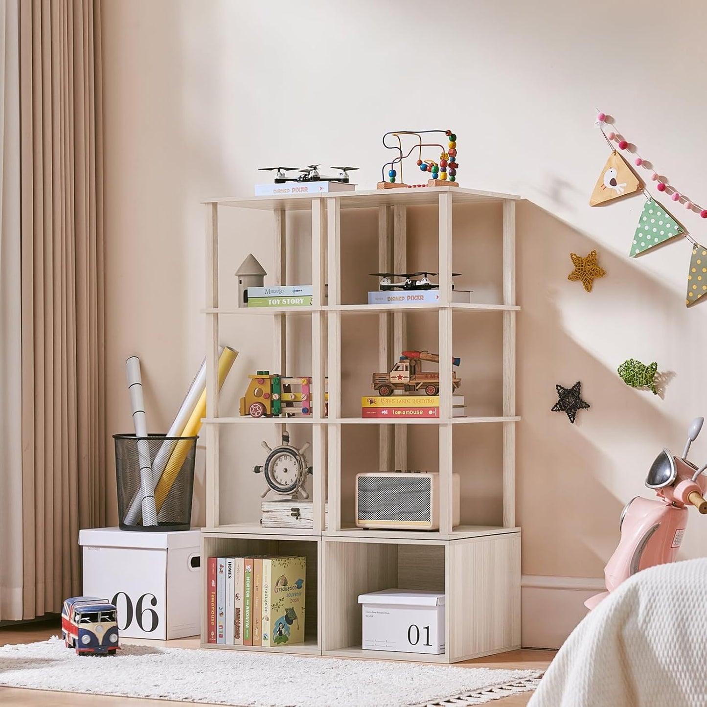 4 Tier Rotating Bookshelf with Storage Cabinet, 360° Display Revolving Bookcase, Square Spinning Book Shelf Tower Organizer, Freestanding Wooden Bookshelves for Small Space, Bedroom Living Room