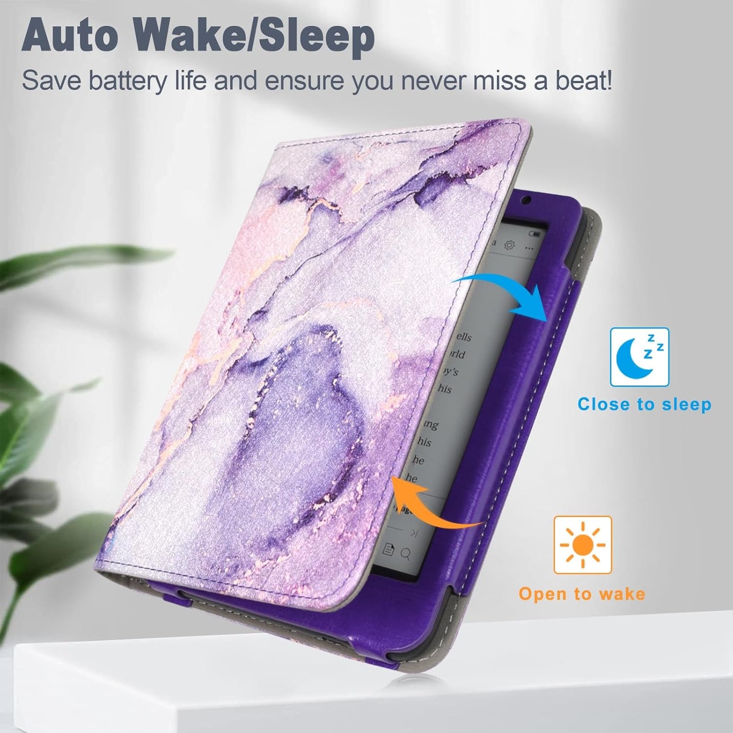 Caweet Case for Kobo Clara Colour/BW 6 Inch 2024 Release, Premium PU Leather Foldable Stand Protective Sleeve Cover with Card Slot and Hand Strap, Lilac Marble