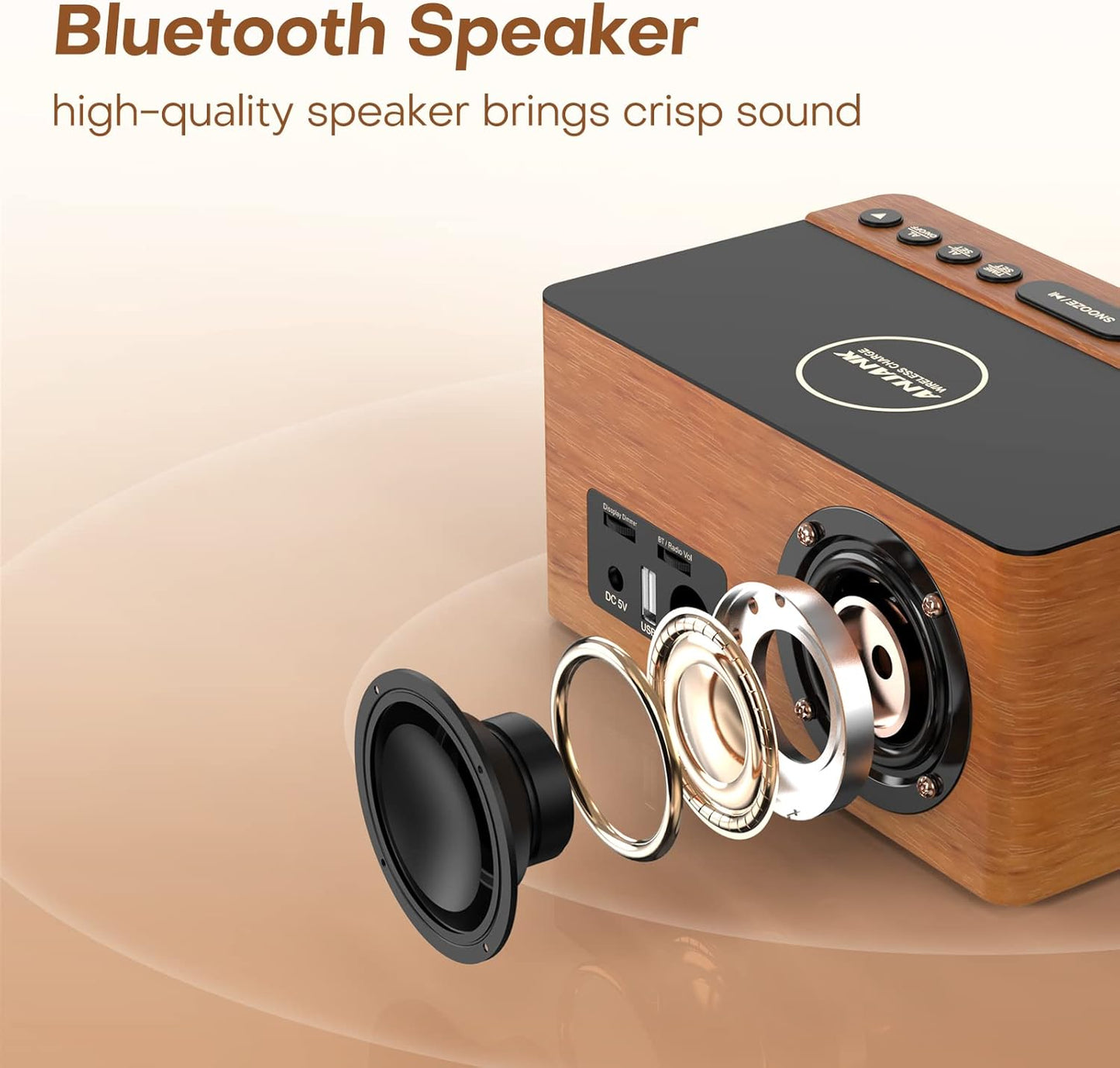 ANJANK Wooden Bluetooth Speaker, Alarm Clock with FM Radio, Qi Certified Fast Wireless Charging Station for iPhone/Samsung, USB Charger Port, Dimmable Display, Digital Wood Clock for Bedroom, Bedside