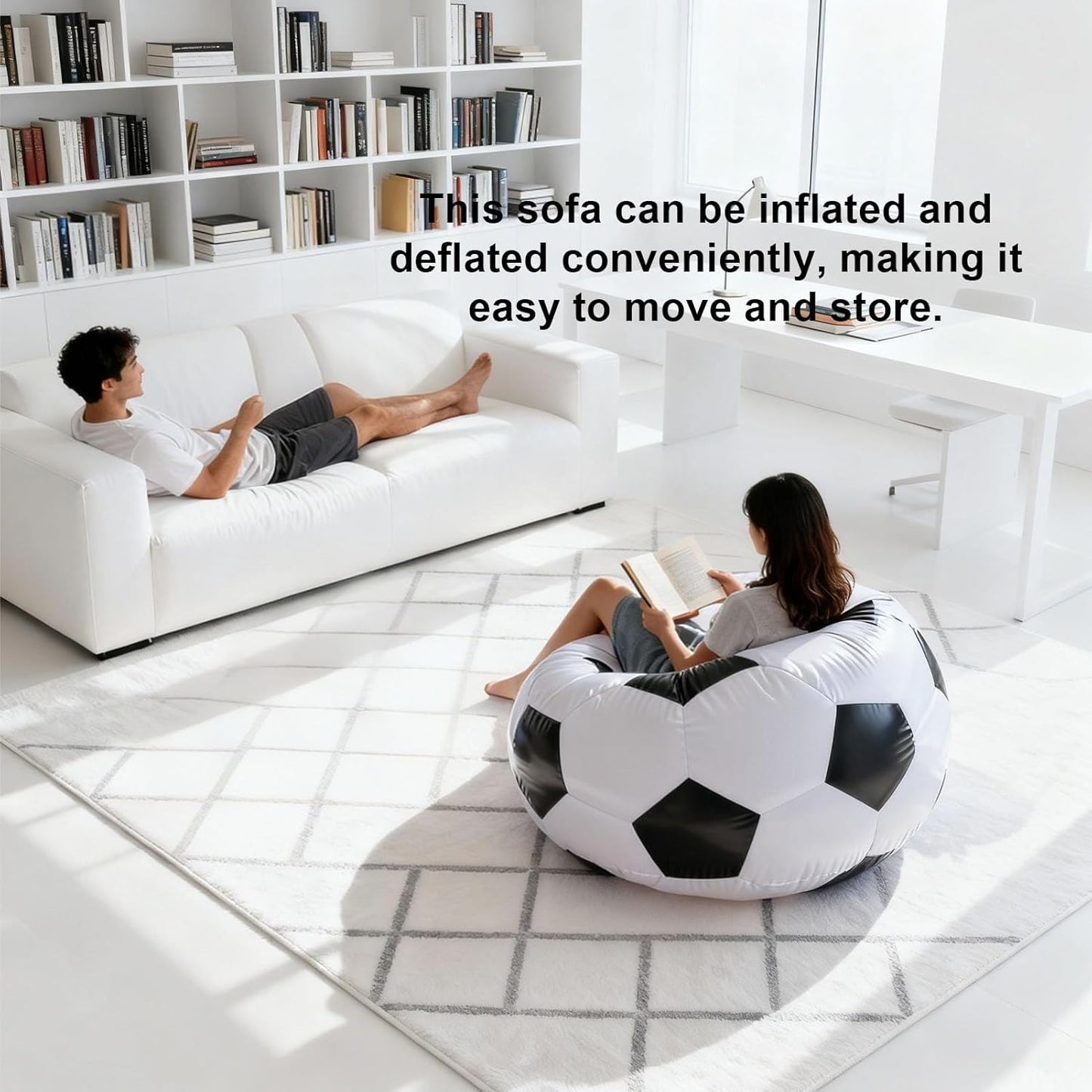 ZJchao Inflatable Soccer Ball Chair, PVC Wearproof Comfortable Portable Blow Up Sofa, Unique Black White Design, with Pump Needle, for Living Room Bedroom Balcony Outdoor Travel