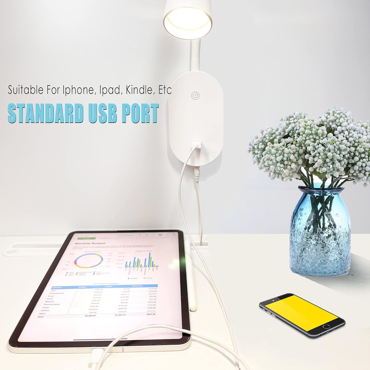 Wall Mount Reading Light, Focused Book Light for Reading in Bed, 5 Dimming, USB Output, 4 Hours Auto Off, Touch Control, Flexible Gooseneck Headboard Reading Lamp, Easy to Install White