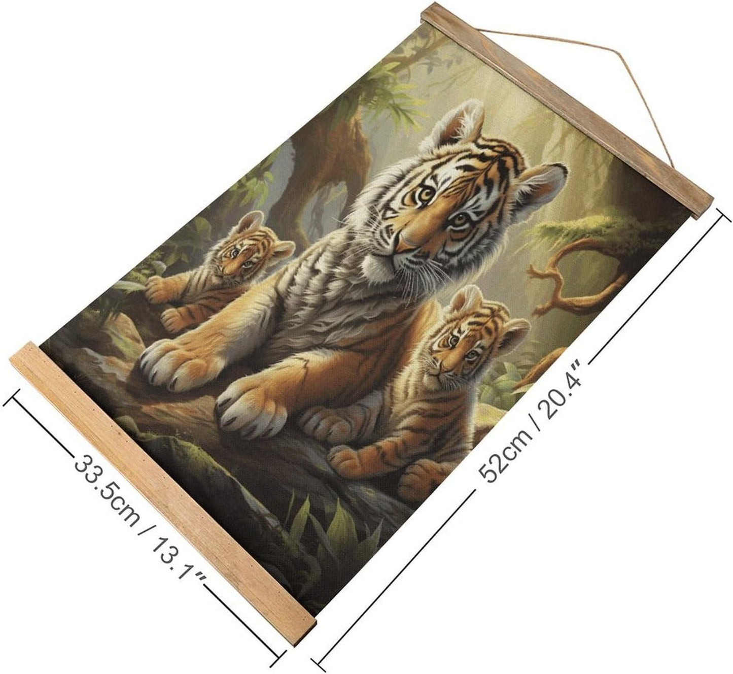 Vintage Jungle Tigers Cub Poster with Wooden Frame Personalized Linen Hanging Scroll Painting Rustic Wall Hanging Illustrative Modern Artwork Decor for Home Living Room Bedroom Office