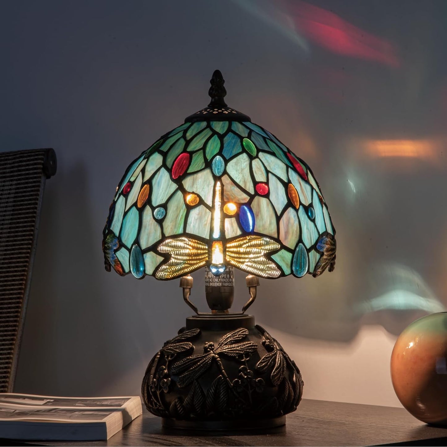 Tiffany Style Stained Glass Mushroom Bedside Table Lamp 8-inch Green Blue Dragonfly Beautiful Shade Nightstand Light for Bedroom Dorm Living Hallway Coffee Table Home Office Housewarming Gift