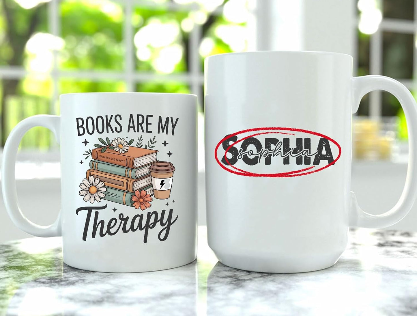 Personalized Books Are My Therapy 15 oz Ceramic Mug Custom Name for Book Reading Lovers