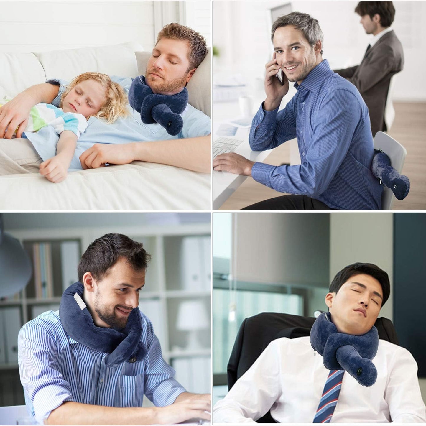 Travel Neck Pillow with Vibration Massage, Battery Operated Adjustable Airplane Neck Pillow for Comfort & Relaxation, Gift for Parents (Blue)