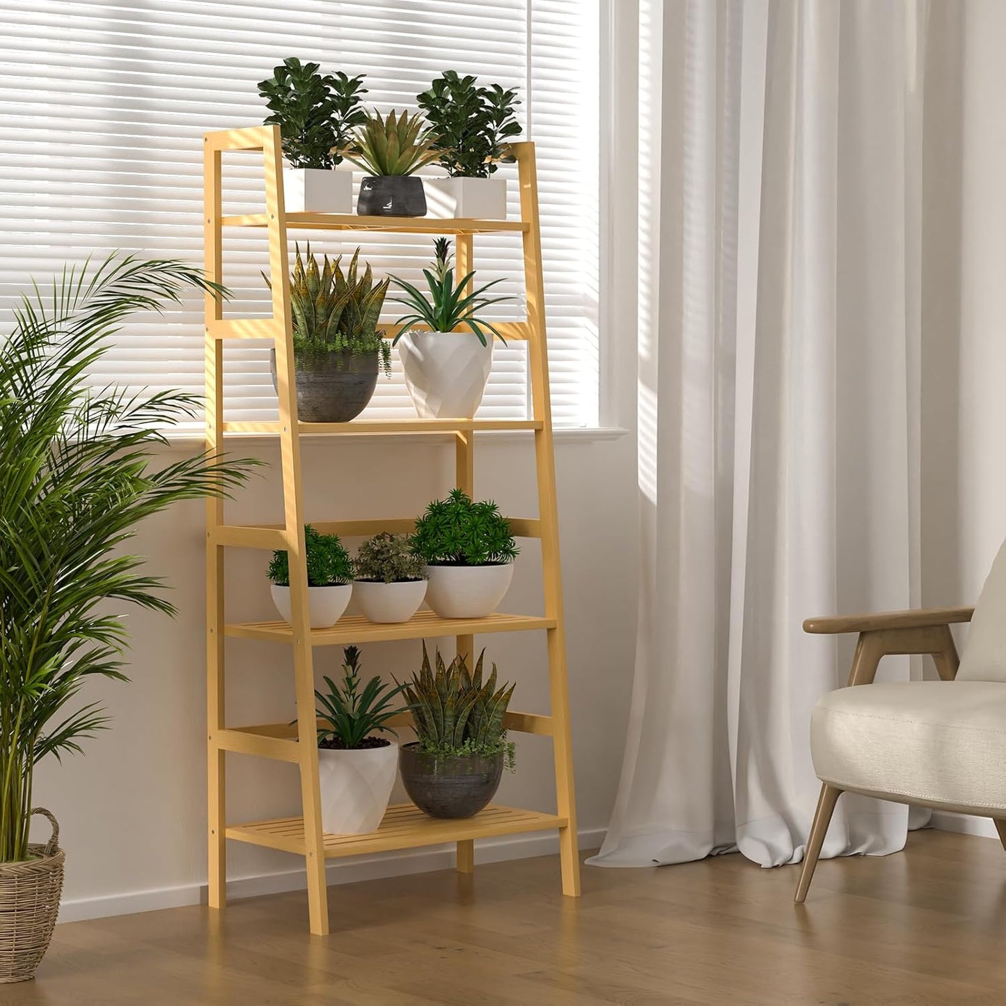 Bamboo Bookshelf, 4-Tier Ladder Shelf Freestanding Space Saver Open Bookcase Book Shelf, Bamboo Storage Shelving Unit Flower Plant Stand for Living Room, Bathroom, Home Office, Natural