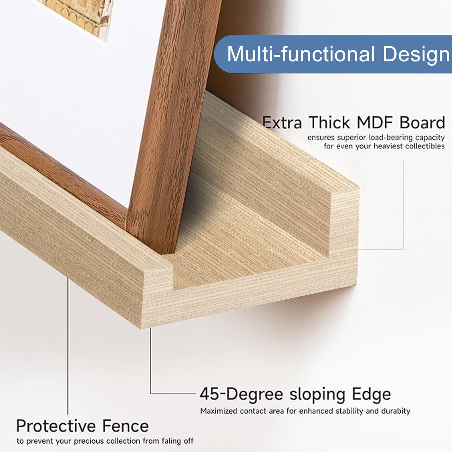 16inch Floating Picture Ledge Shelves 2-Pack, Oak Wall Mounted Shelves with Lip for Nursery, Kids Room, Living Room & Bedroom, Sturdy Floating Book Shelves for Photo Frames & Decor