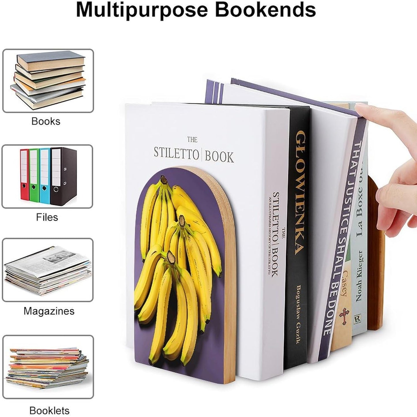 Unique Banana Fruit Bookend for Shelves Wooden Book End Large Size Sturdy Book Holders Stoppers with Metal Base for Bookshelves Slick Decorative Bookends Stands