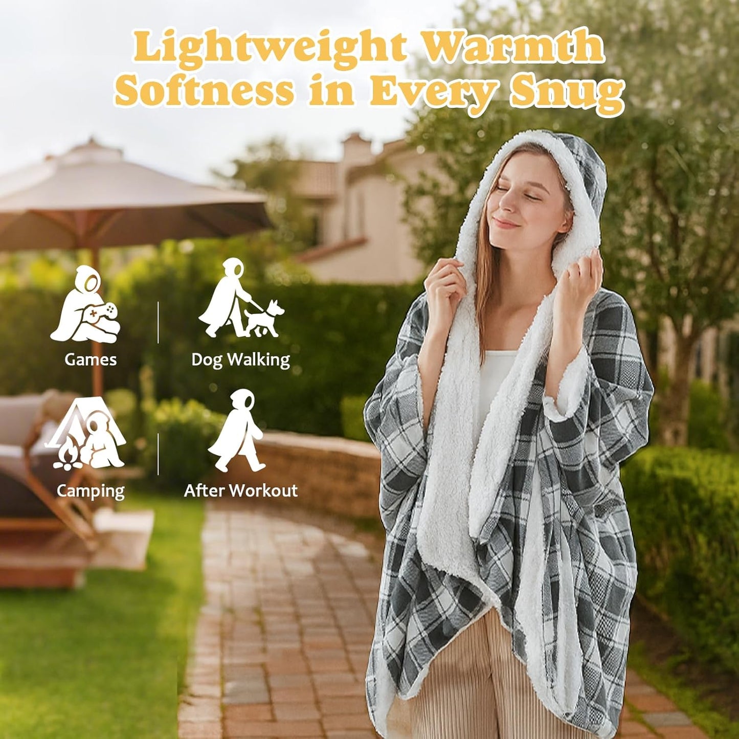Wearable Heated Blanket - Warm Up Electric Blanket Hoodie with 6 Heat Levels, Snuggies for women, gifts for her, 50"x70", Black White Plaid