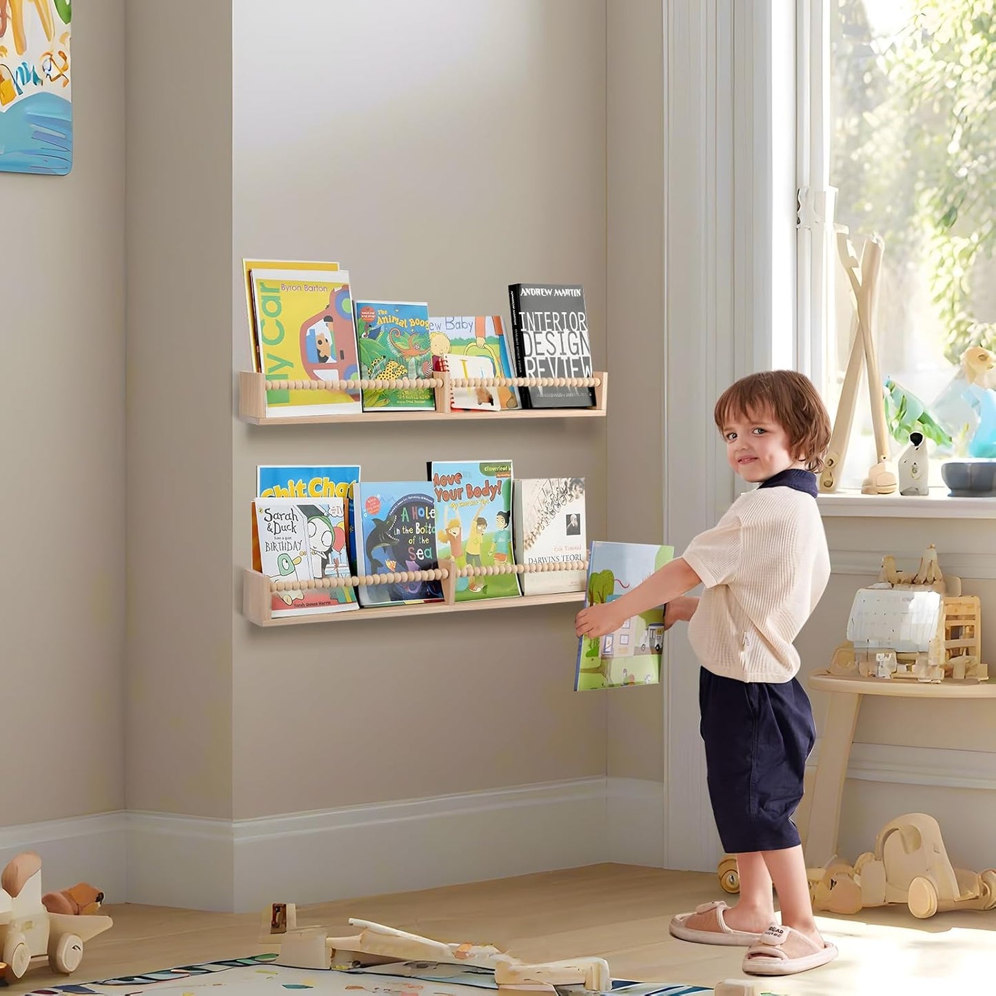Nursery Book Shelves - Wall Mounted Set of 2, 32 inches Wooden Floating Bookshelves for Kids' Room and Study Room