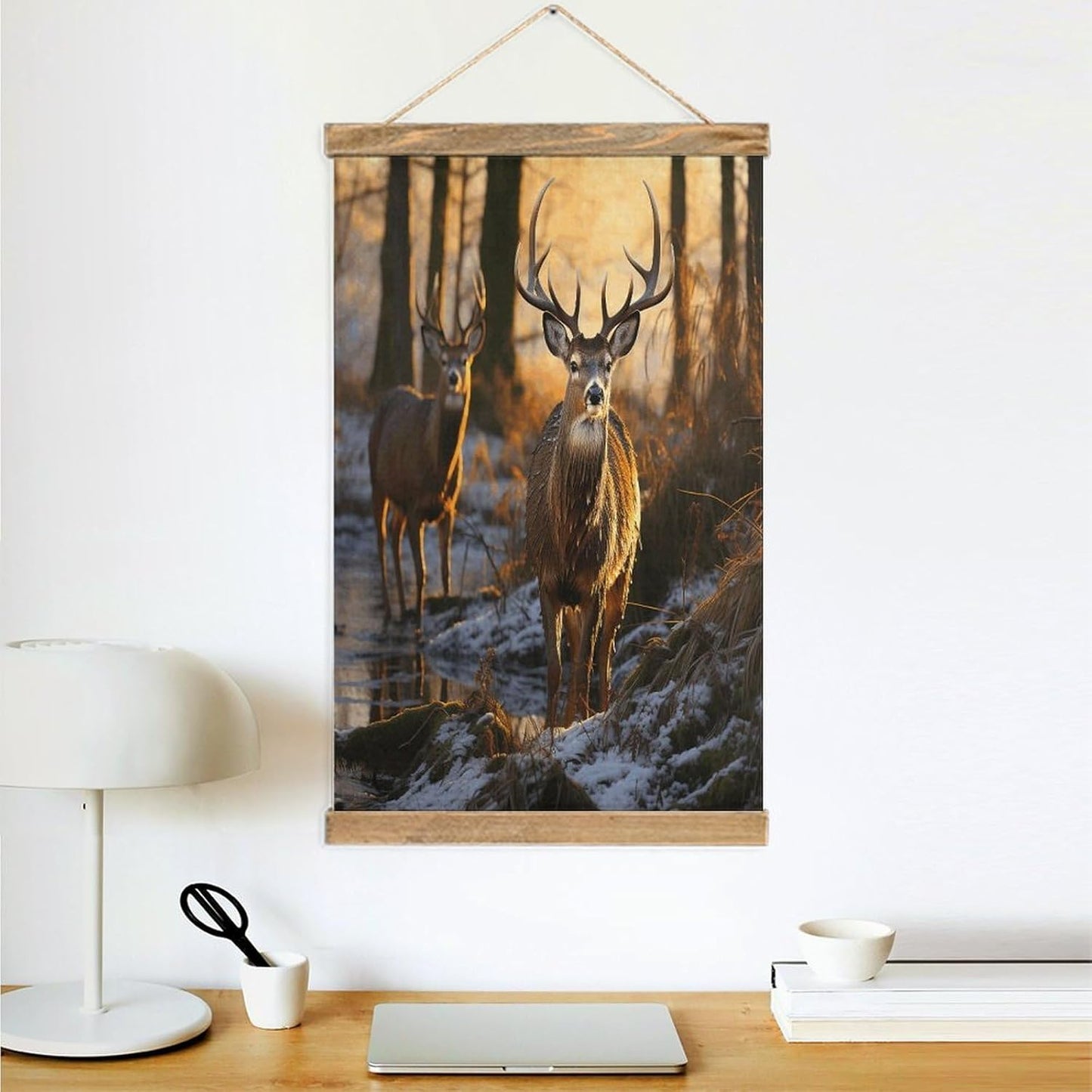 Vintage Deers Picture Poster with Wooden Frame Personalized Linen Hanging Scroll Painting Rustic Wall Hanging Illustrative Modern Artwork Decor for Home Living Room Bedroom Office