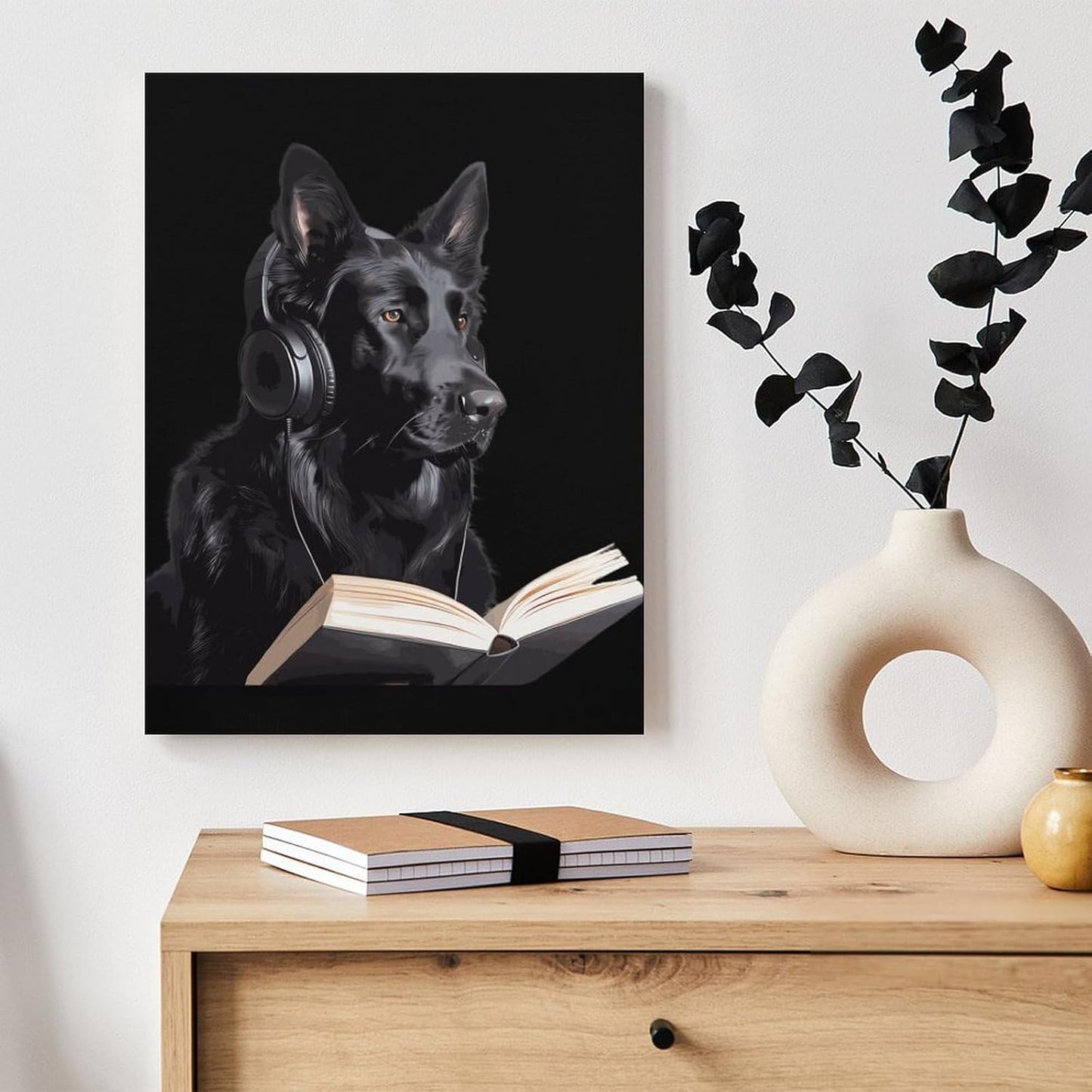 German Shepherd Wearing Headphones Reading Funny Canvas Poster Vertical Wall Art Artwork Picture Hanging Prints Painting Decoration for Living Room Home