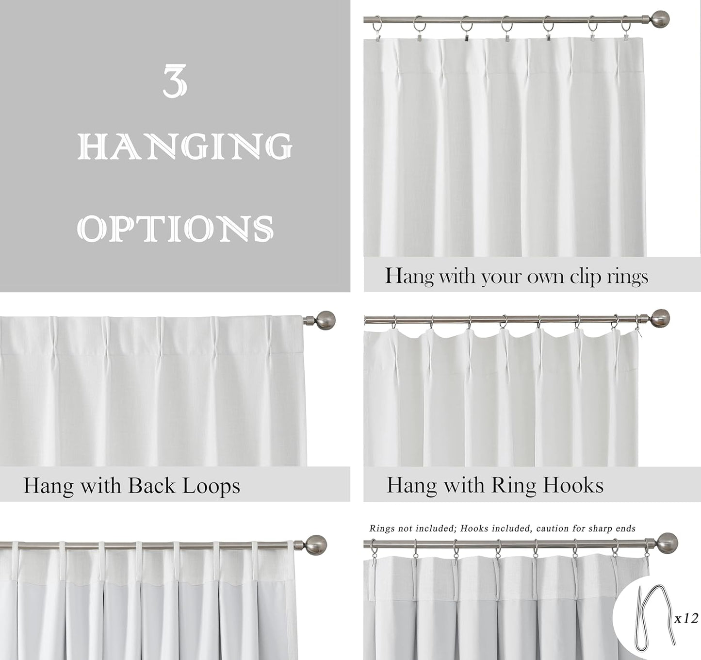 White Pinch Pleated Full Blackout Curtains Linen Texture Thermal Insulated Window Treatment Panel 84 Inch Long for Living Room Bedroom Noise Reducing Back Tab Drapes with Hooks, 1 Panel, 60"Wx84"L