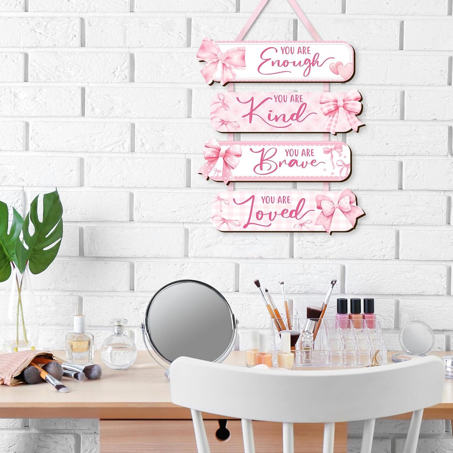 Girl Room Decor Wooden Wall Hanging Signs, Inspirational Quotes Wall Art with Bow Design, You Are Enough Kind Brave Loved, Bedroom Dorm Decor for Girls