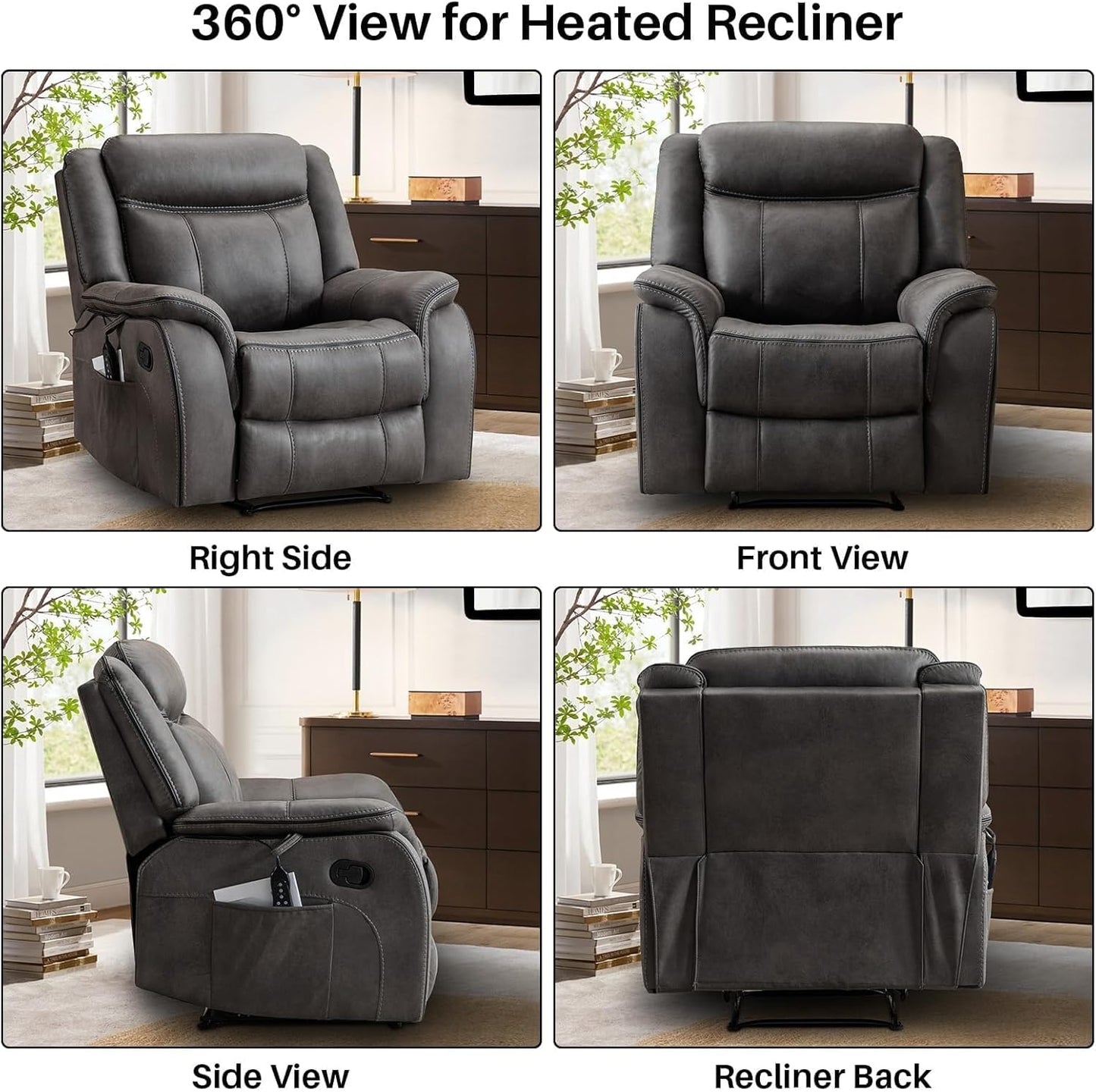 Massage Recliner Chair with Heat 39" Wide Manual Reclining Ergonomic Lounge Chairs Overstuffed Wall Hugger Recliners for Living Room Bedroom Meeting(Black)