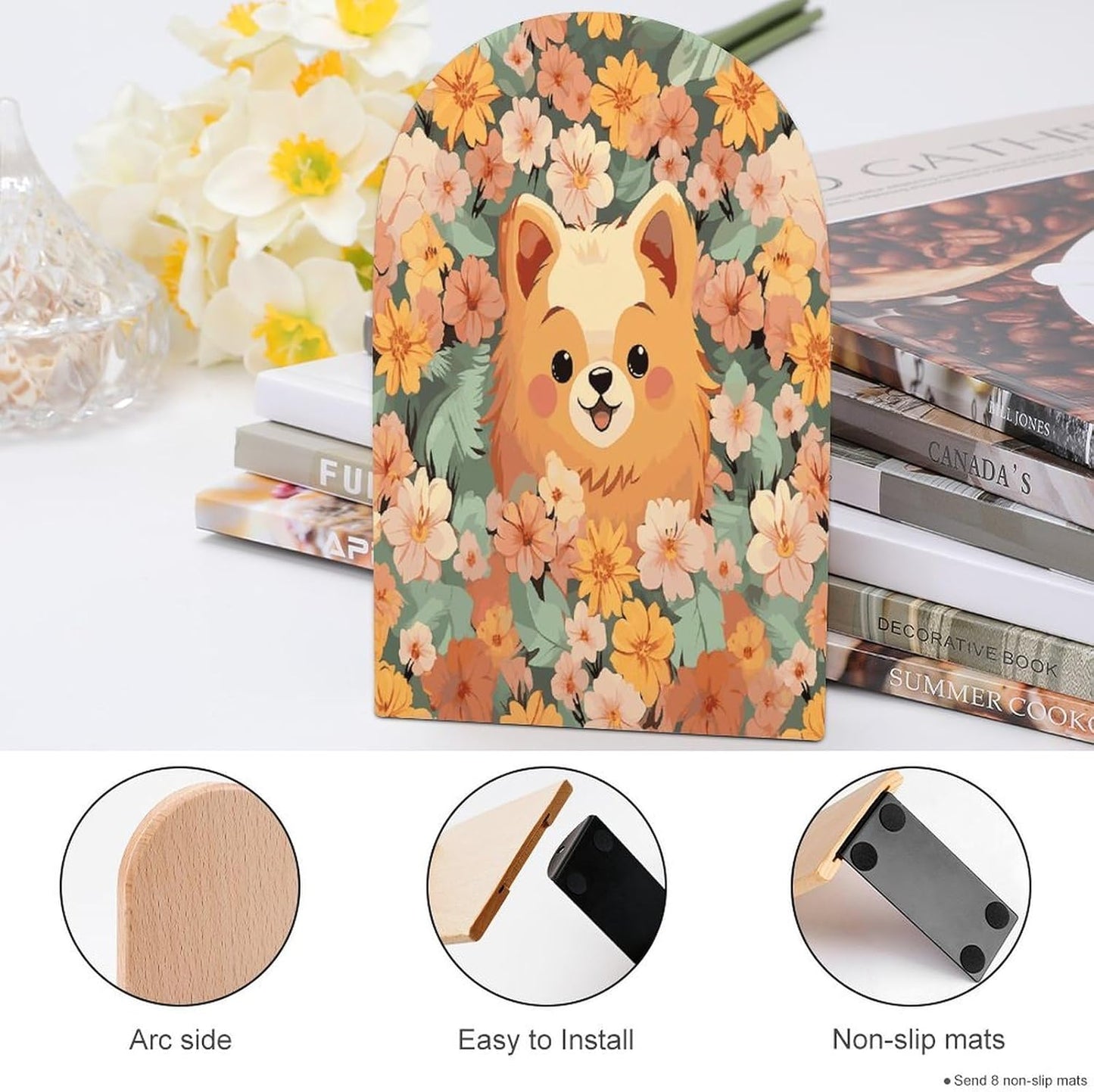 Pomeranians Cartoon Flowers Bookend for Shelves Wooden Book End Large Size Sturdy Book Holders Stoppers with Metal Base for Bookshelves Slick Decorative Bookends Stands