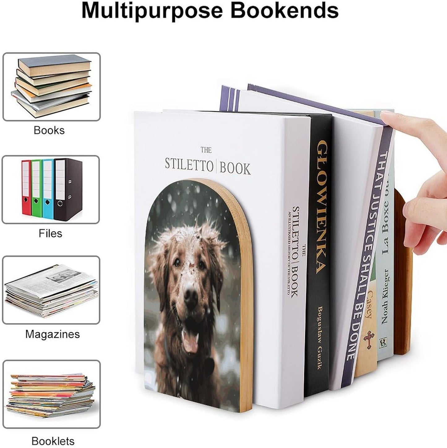 Non-Slip Bookend for Shelves Happy Dog in Rain Wooden Bookends with Metal Base Decorative Book Stopper for Home Heavy Duty Wood Book Storage for Books/CDs