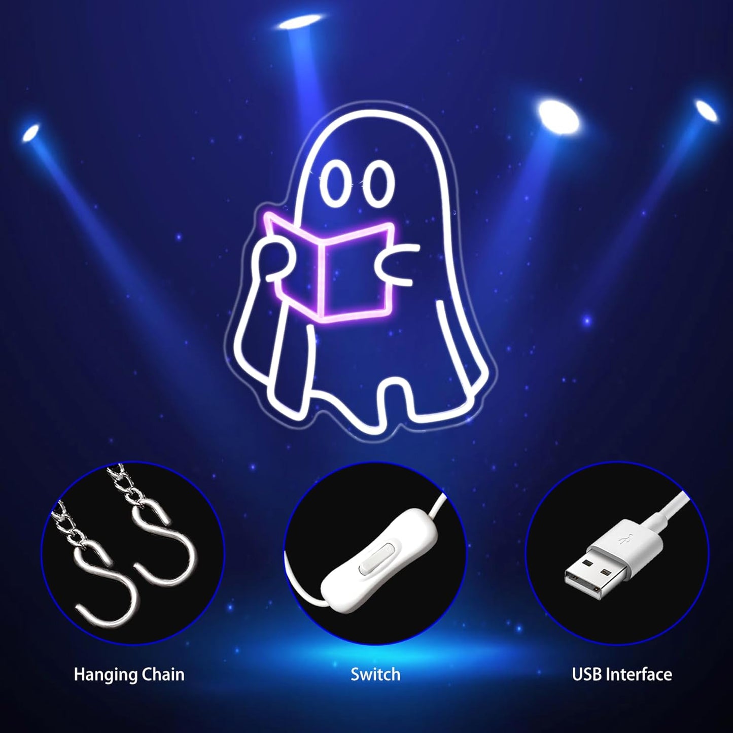 Reading Ghost Neon Sign, Neon Signs for Wall Decor Neon LED Signs Room Neon Light Up Signs Home Decor for Bedroom Club Party Bar Shop USB Operated