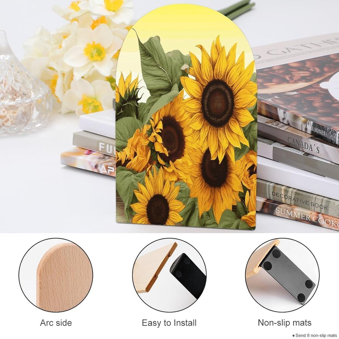 Sunflowers Floral Bookend for Shelves Wooden Book End Large Size Sturdy Book Holders Stoppers with Metal Base for Bookshelves Slick Decorative Bookends Stands
