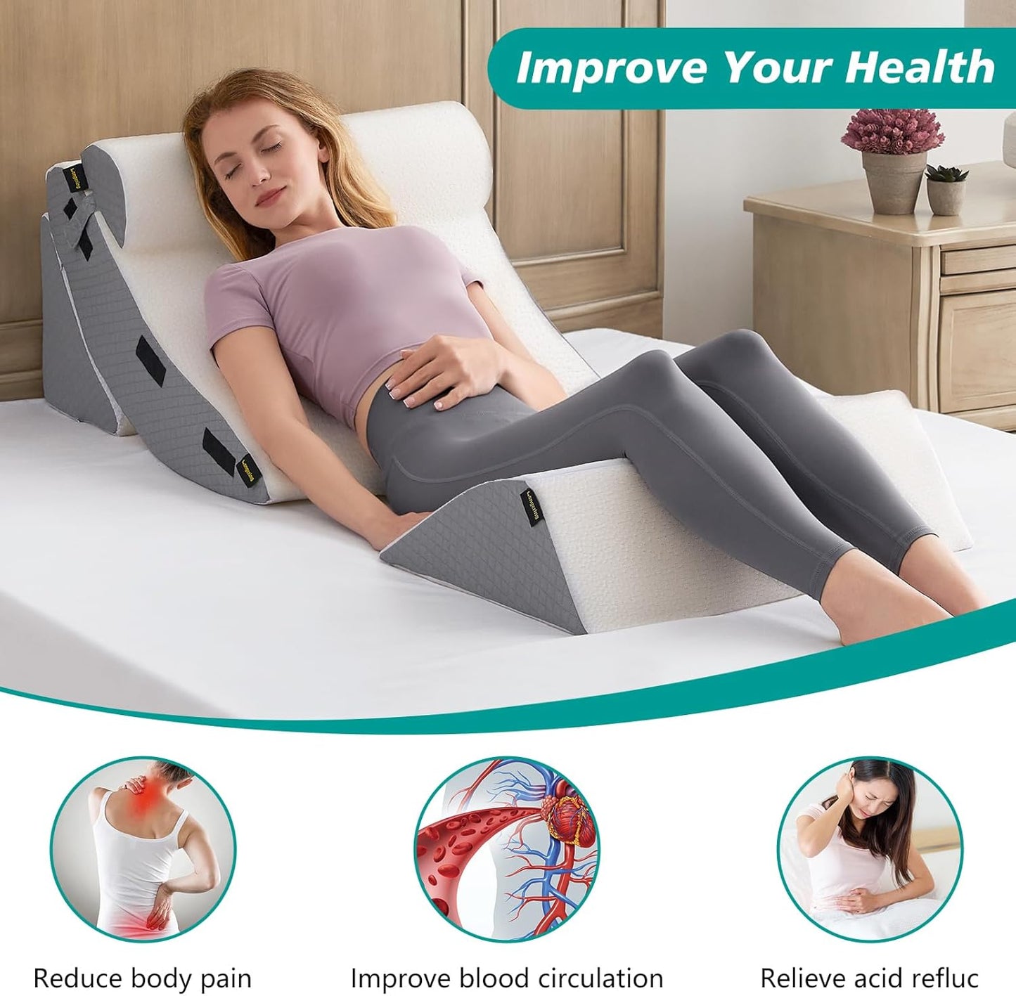 Orthopedic Bed Wedge Pillow Set for Sleeping 4 PCS - Adjustable Triangle Pillow for Neck Leg Support with Washable Cover - 35D Foam Wedge Pillow Post Surgery for GERD & Snoring (White Grey)