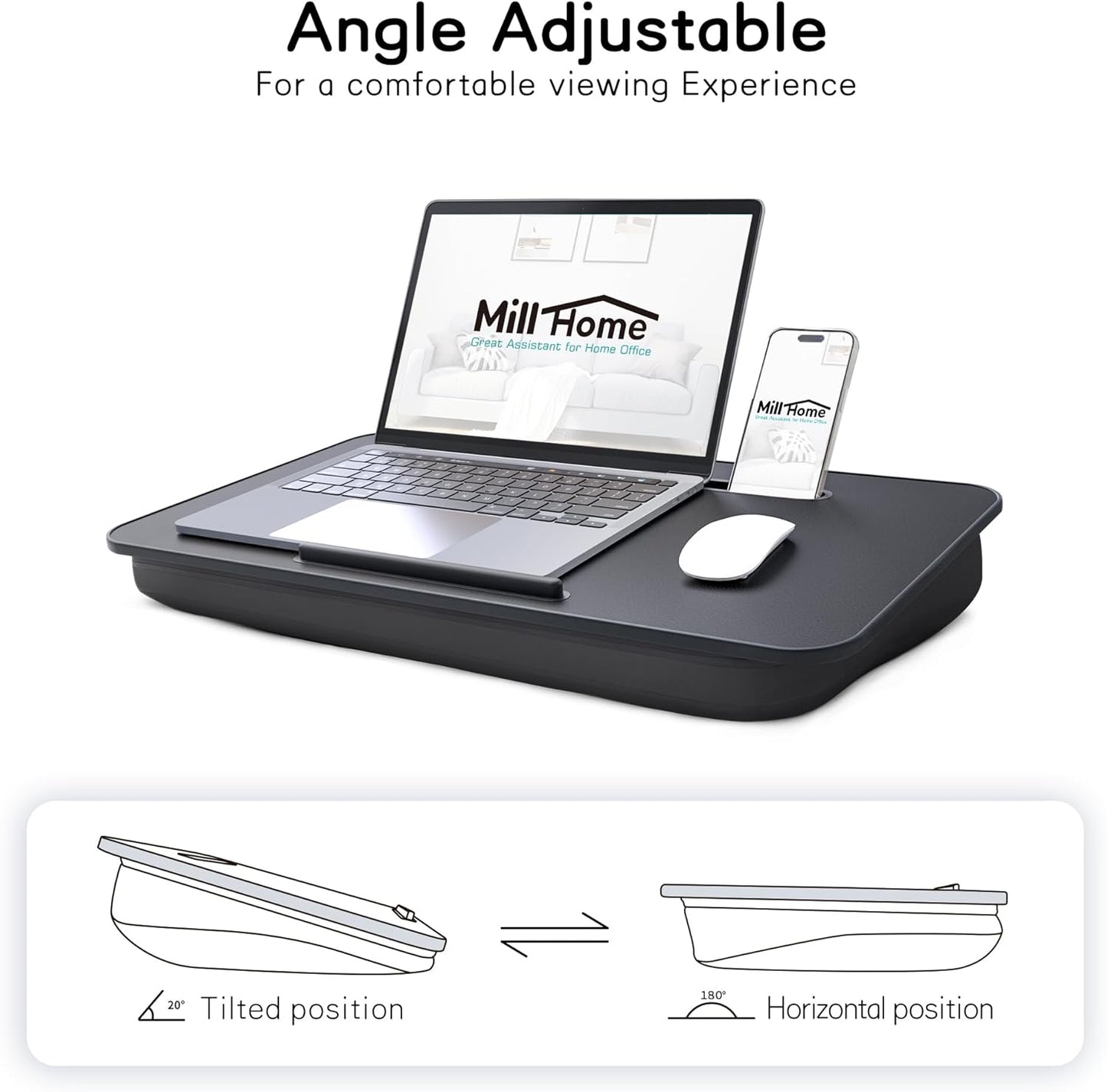 Lap Desk, Lap Desk with Cushion, Fits up to 17 inch Laptop, Pillow Designed, Portable Laptop Stand with Tray, Pad & Phone Holder, Home Office for Bed/Couch/Car/Reading/Writing,MillHome (Black)