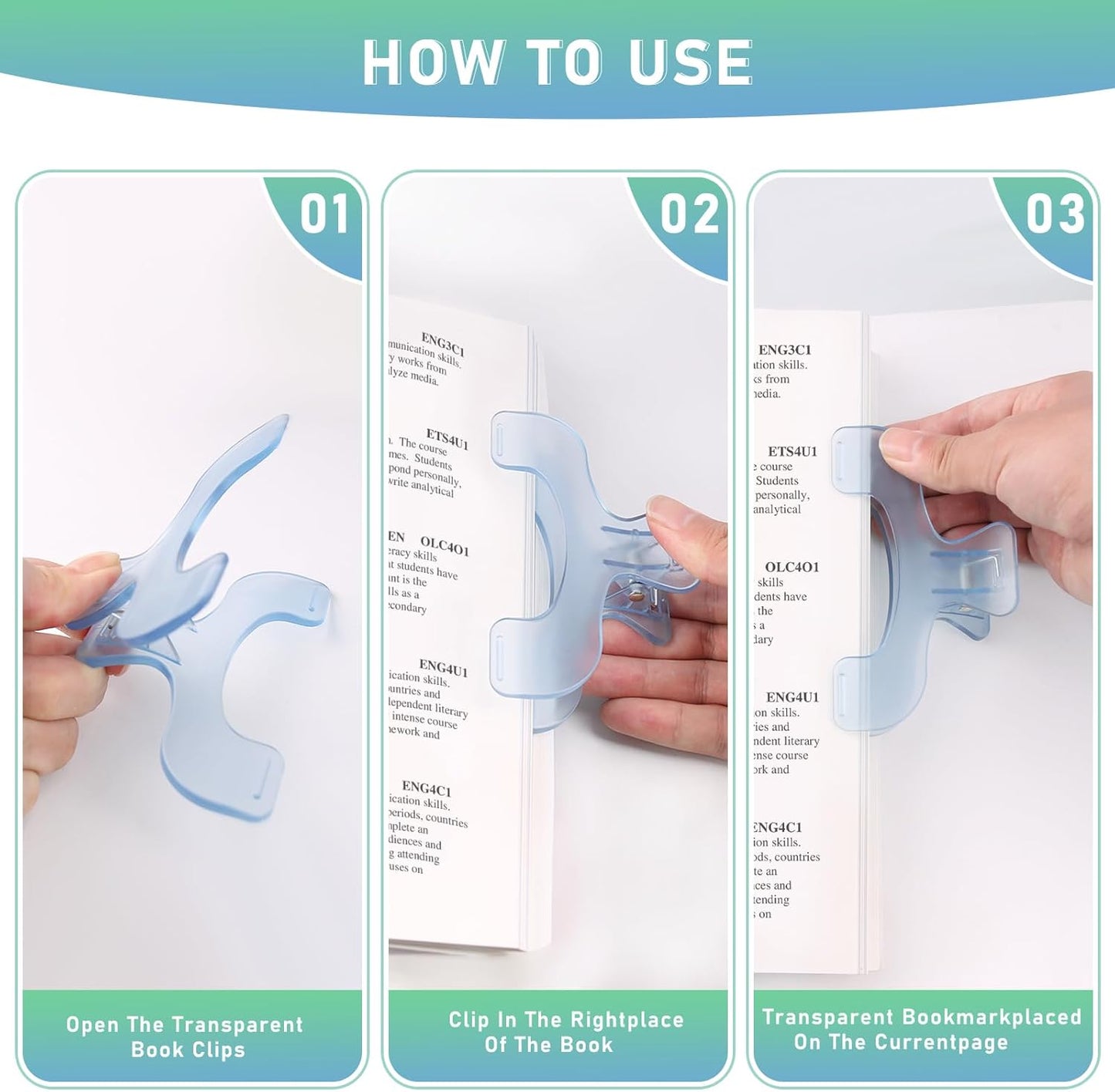 3 Pcs Book Page Holder, 4.72" Widened Transparent Page Holder for Books, Notebooks - Non-Slip Hands, Free Reading for Home, Office, School, Portable & Lightweight Bookmark Clip