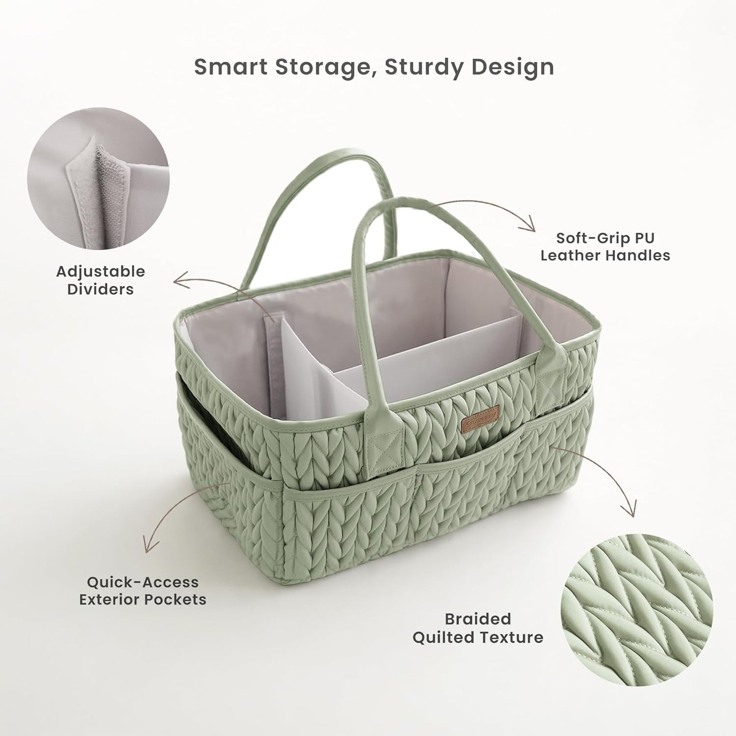 Konssy Braided Quilted Diaper Caddy Organizer, Boho Nursery Storage Basket with PU Leather Handles, Water-Repellent Portable Diaper Basket for Changing Table, Newborn Essentials (Fog Green)