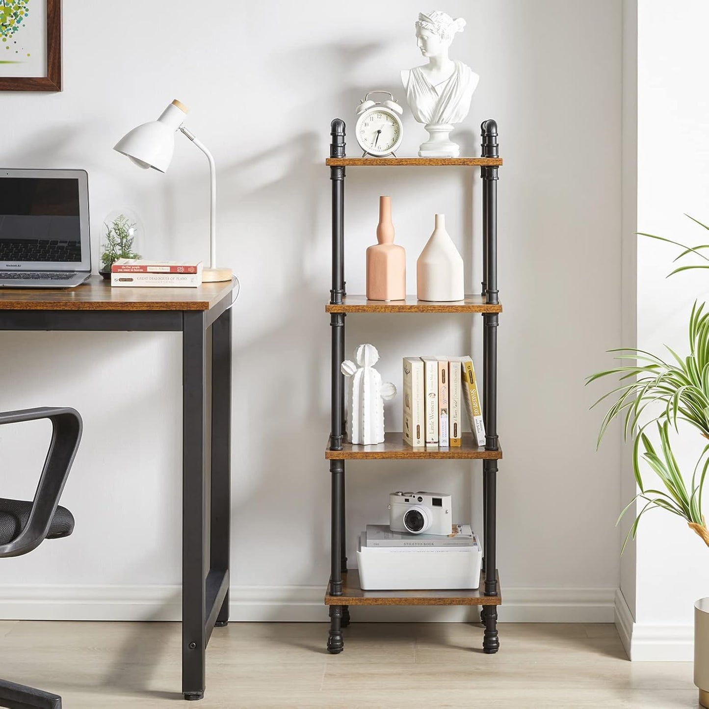 IBUYKE Industrial Pipe Ladder Shelf,4-Tier Vintage Style Book Shelf,Free Standing Units,Display Rack and Storage Organizer for Living Room,Bedroom,Kitchen,Rustic Brown UTMJ404H