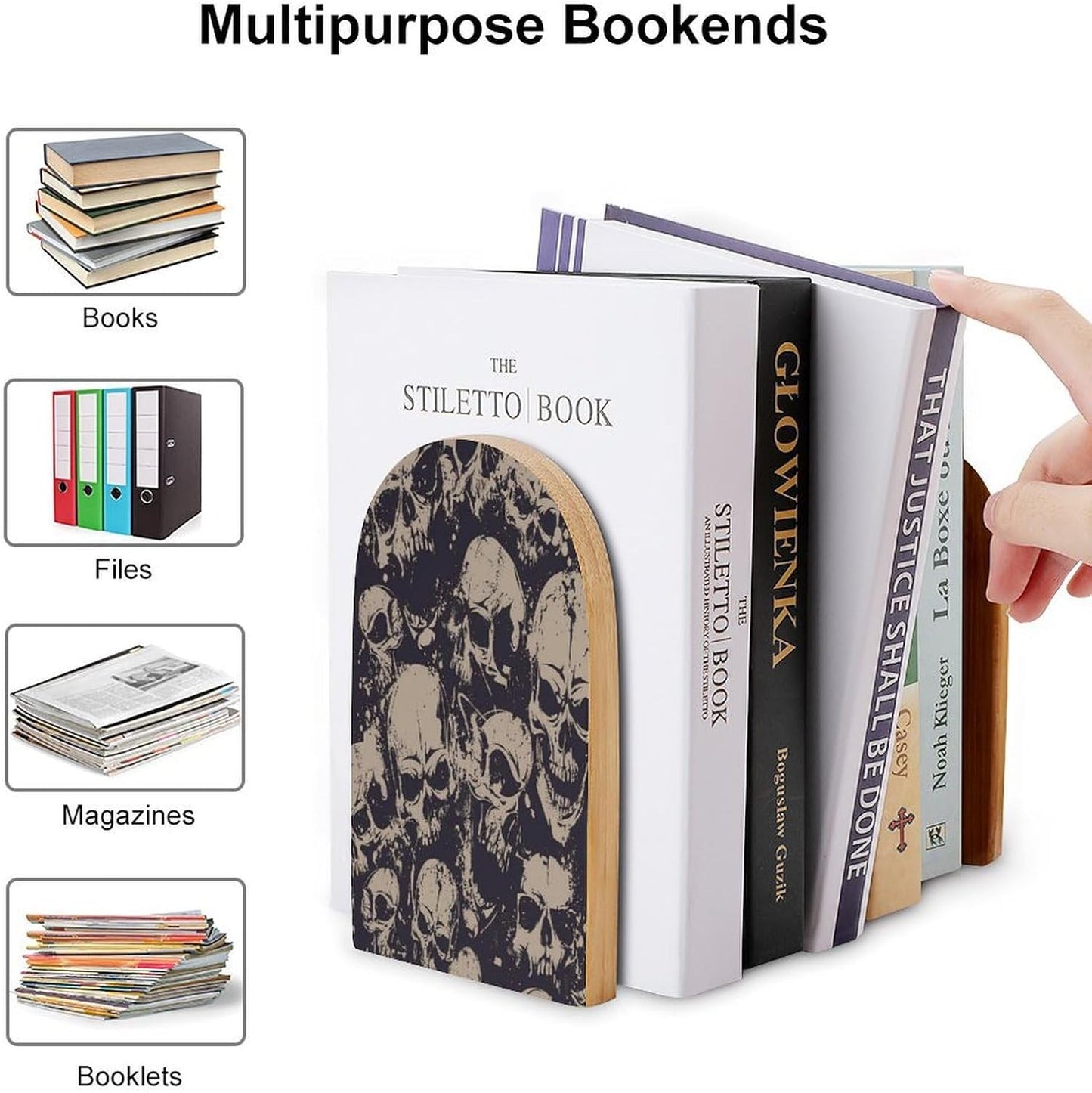 Many Skulls Get Together Wooden Bookend Non-Slip Book Ends Heavy Duty Book Stopper with Metal Base Books Holderd Decorative Bookends Stands Firmly for Office Supplies