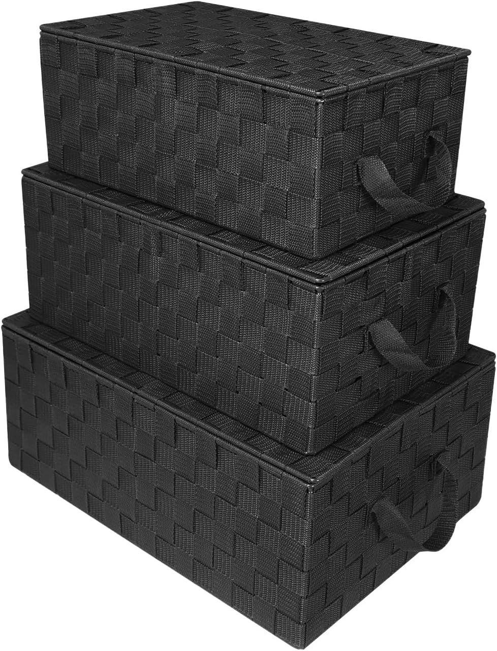 Sorbus Set of 3 Hand-Woven Storage Baskets with Lids – Mesh Design Organizers for Closet, Shelves, and Home Storage (Black)