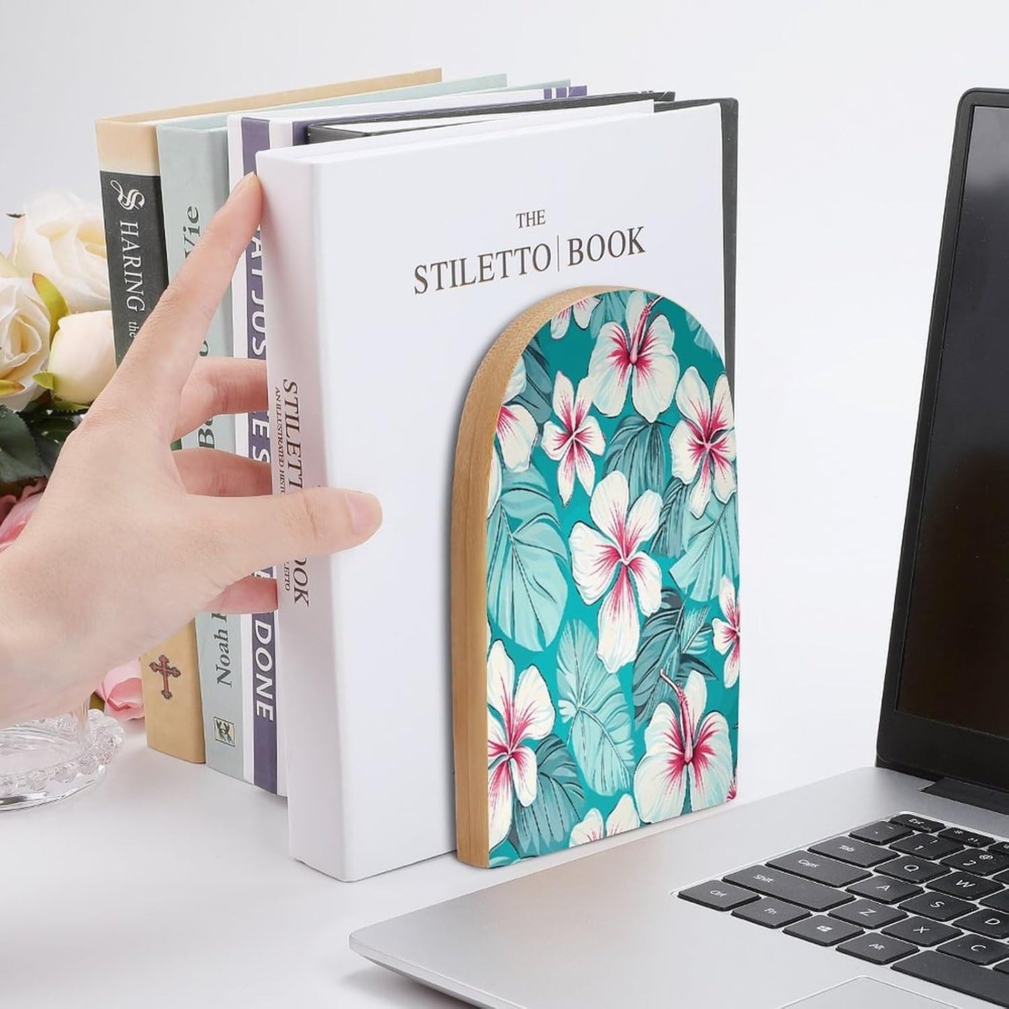 Tropical Hibiscus Flowers Bookend for Shelves Wooden Book End Large Size Sturdy Book Holders Stoppers with Metal Base for Bookshelves Slick Decorative Bookends Stands