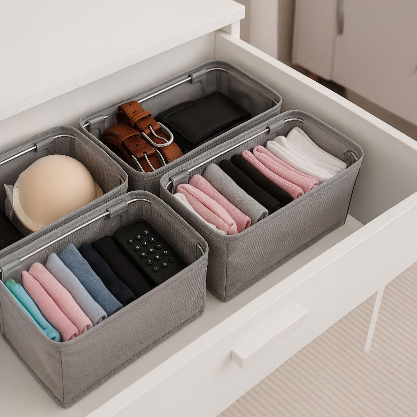4-Pack Foldable Drawer Organizers with Metal Frame Support – Sturdy Fabric Storage Bins for Socks, Underwear, Baby Clothes & Belts, Closet Dividers (Grey) (11.8 x 5.9 x 4.21 inc)