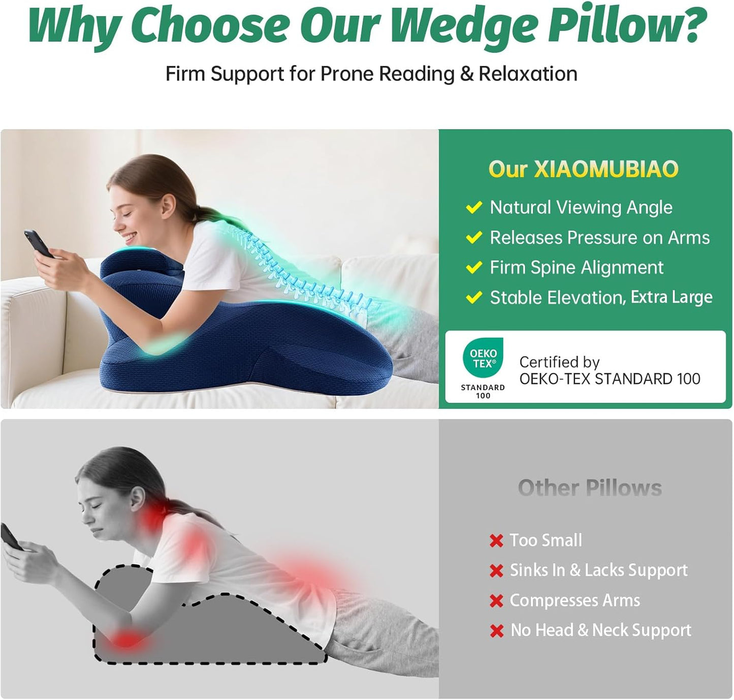 King Size Wedge Pillow for Firm Support, Ergonomic Memory Foam Prone Pillow for Reading & Stomach Sleeping, Back/Leg Relief with Removable Head Rest, Washable Cover