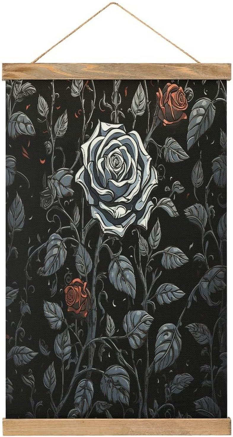 Vintage Rose Gothic Poster with Wooden Frame Personalized Linen Hanging Scroll Painting Rustic Wall Hanging Illustrative Modern Artwork Decor for Home Living Room Bedroom Office