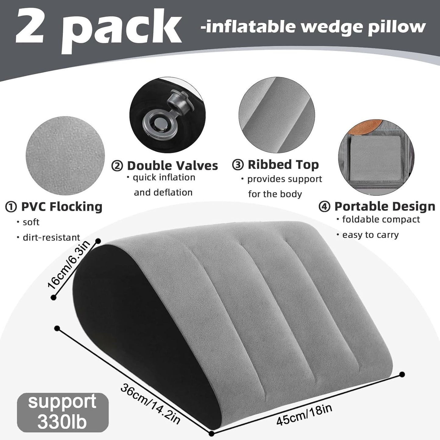 TheClover Portable Inflatable Wedge Pillow Cushion - 2 Pack Body Positioners Foldable Wedge Pillow for Sleeping,Back,Travel,Bed,Leg Elevation with Fast Inflation Deflation(Grey)