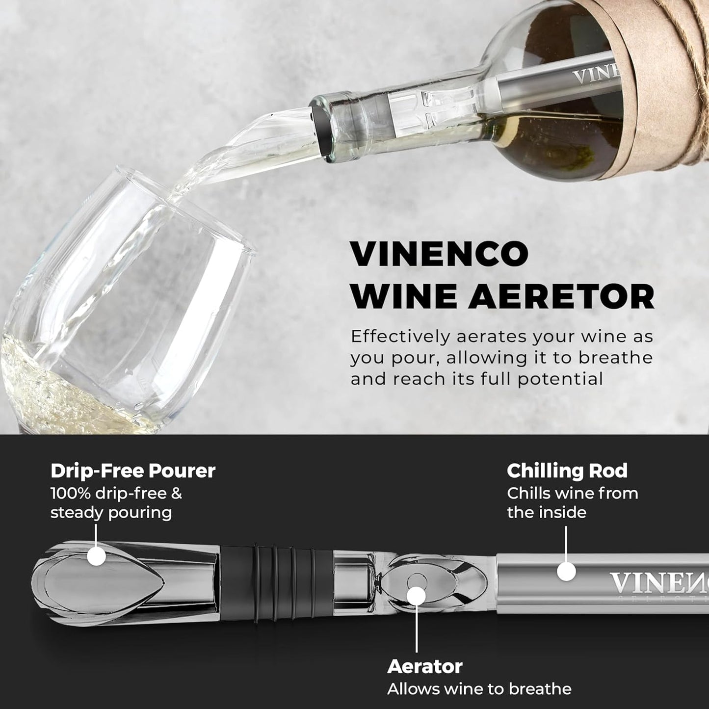 Wine Chiller Set & Chill Rods + Foil Cutter, Stopper, Ebook - Premium 7in1 Stainless Steel Bottle Cooler Stick, Decanting Aerator & Drip-Free Pourer | Bar Gift Men Women
