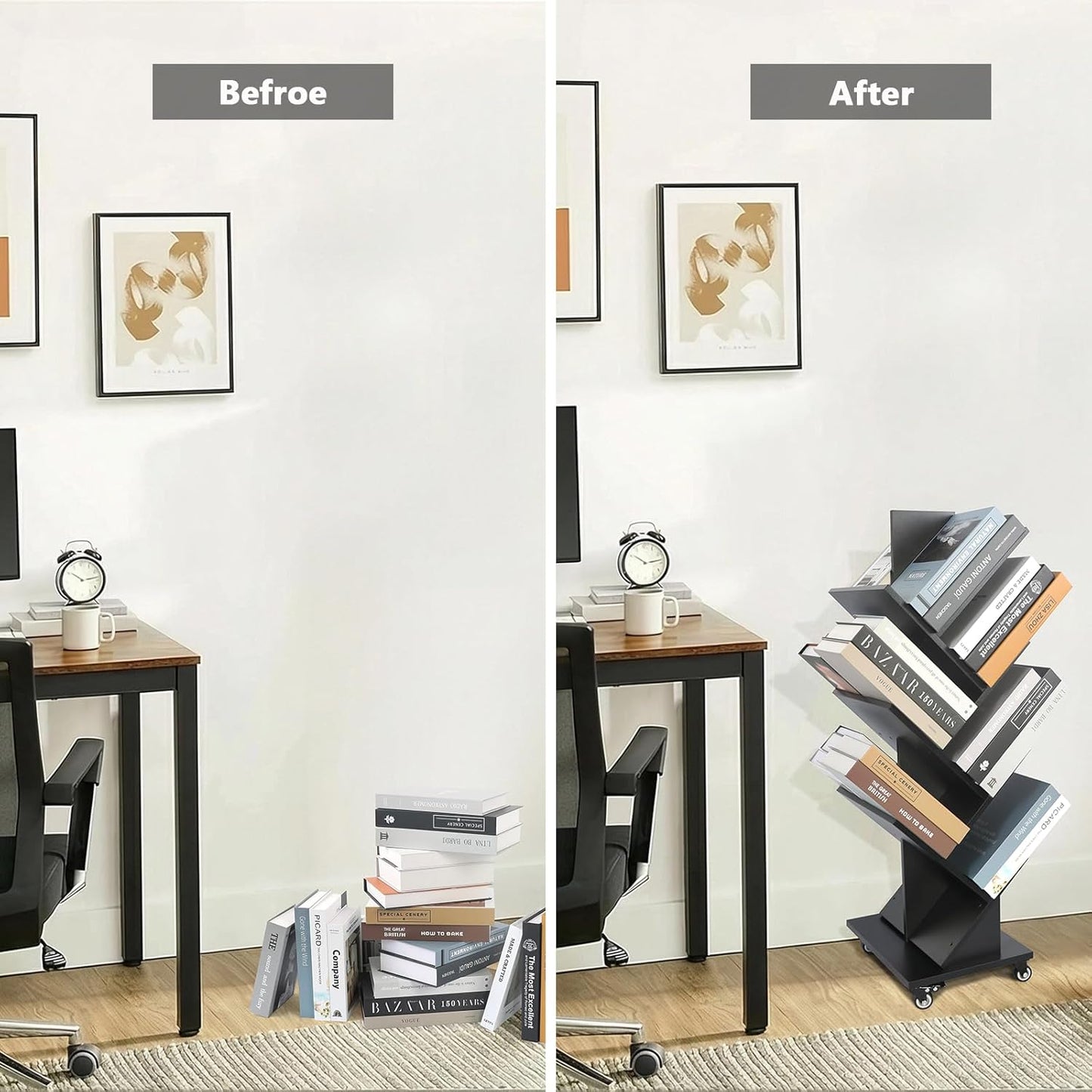 Homaterial 360°Rotating Tree Bookshelf - 7 Tier Space Saving Bookshelf, Corner Shelf for Small Spaces Black