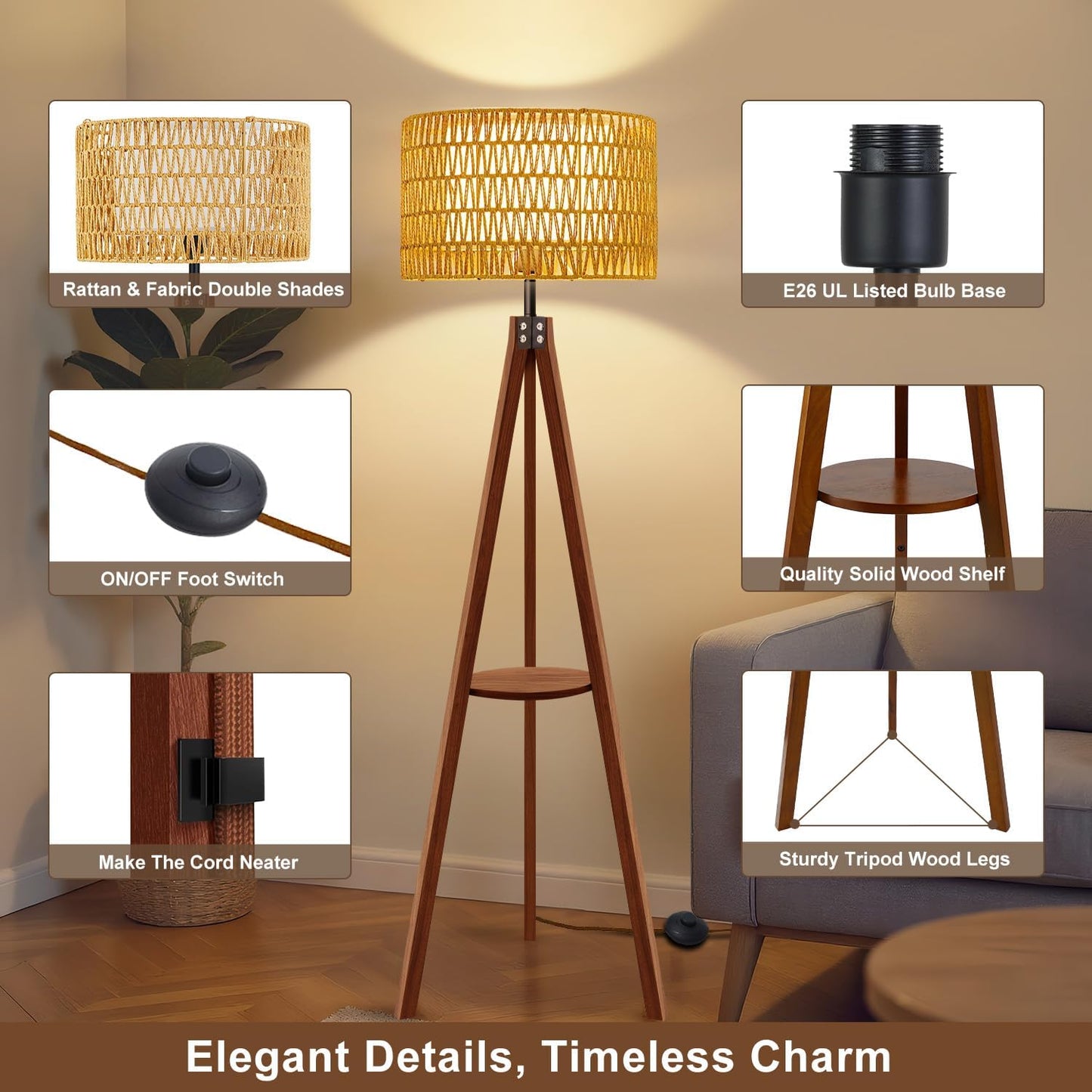 Boho Rattan Floor Lamp with Shelf & Bulb Included, Wicker Tripod Floor Lamp 3 Color Temperatures, Wood Rustic Tall Lamps with Foot Switch, Walnut Boho Standing Lamps for Living Room Bedroom