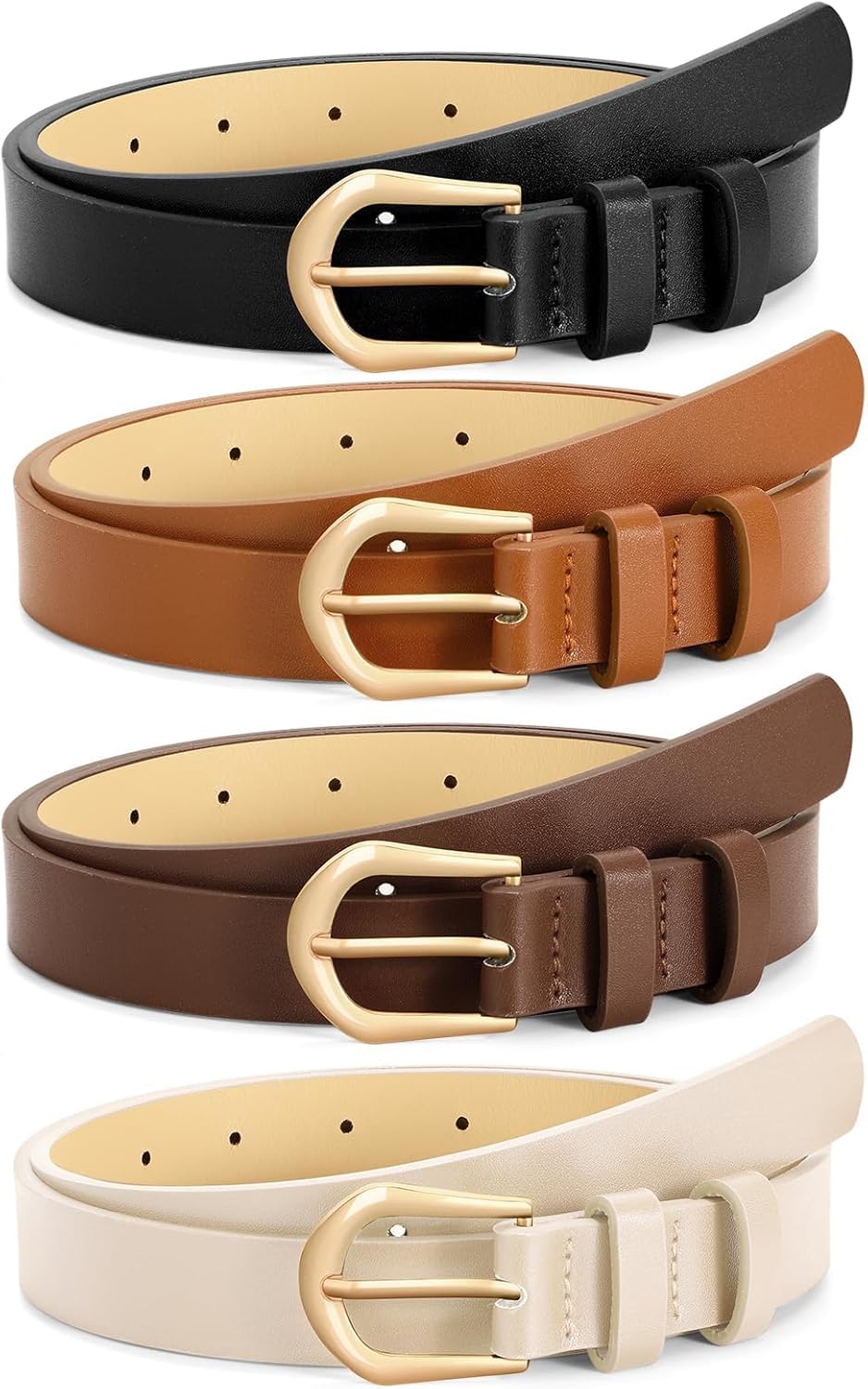 VONMELLI 4 Pack Womens Thin Leather Belt Skinny Waist Belts for Women Fashion Jeans Dress with Gold Buckle