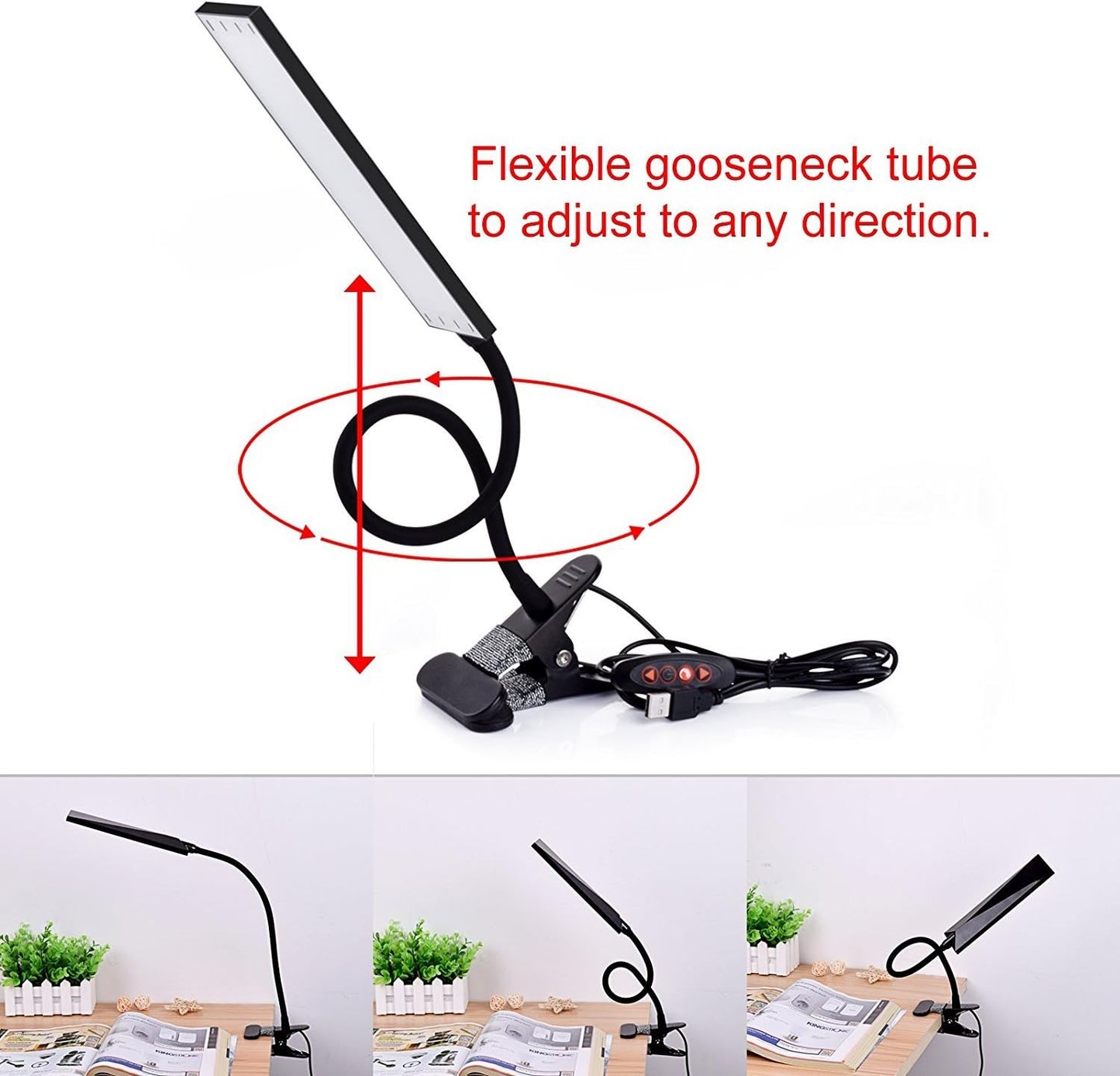 LED Desk Lamp - Dimmable Eye-Care Reading Light with Adjustable 3 Color Modes, 14 Brightness Levels, Flexible Gooseneck Clip-on Light for Studying, 5W-Black