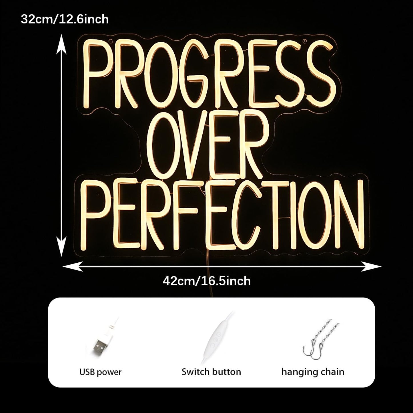 Progress Over Perfection Neon Sign for Wall Decor Dimmable Warm White Words Led Light Up Sign USB Powered LED Letters Neon Light for Classroom Bedroom Library Study Room(16.5 * 12.6In)
