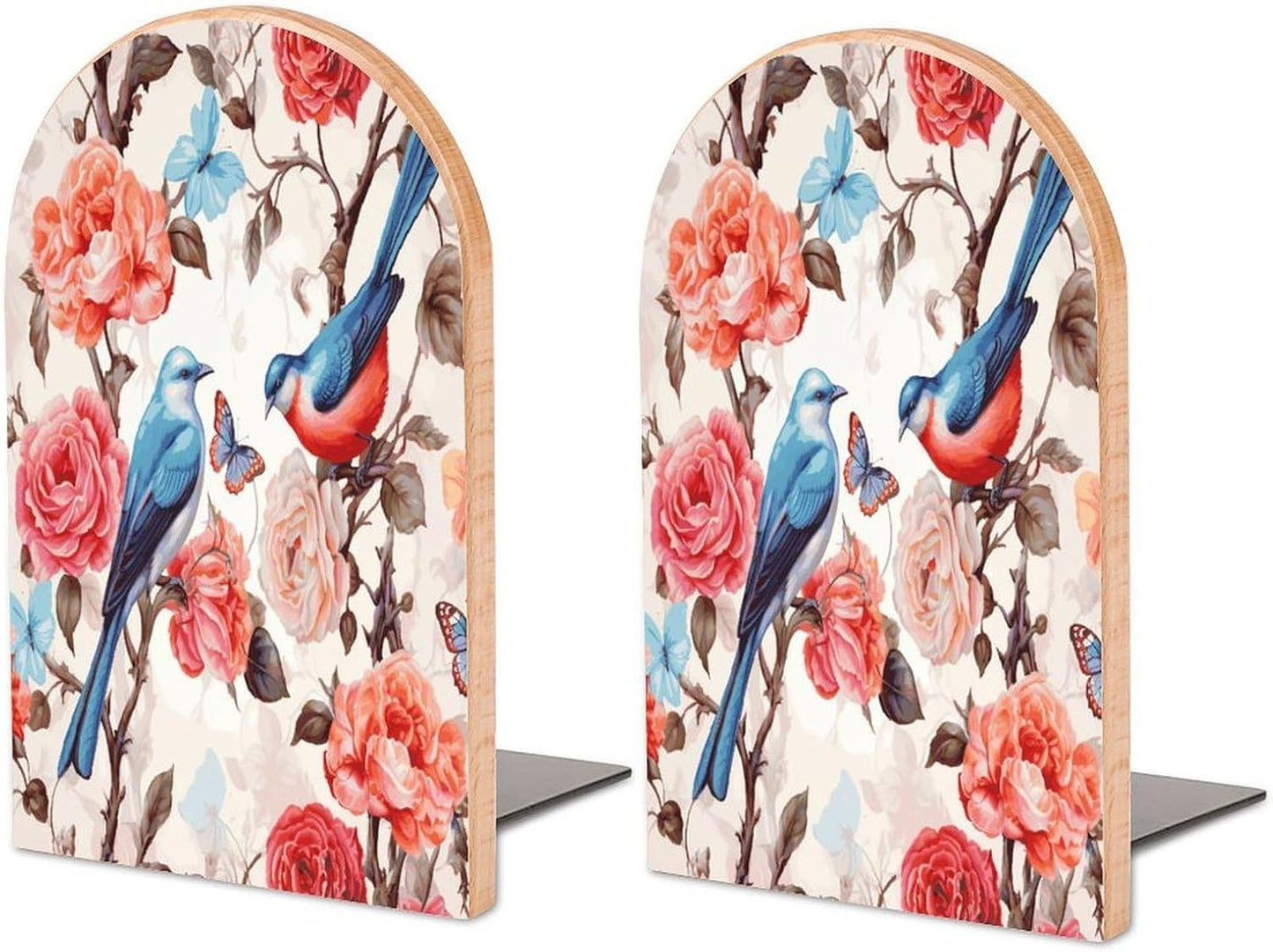 Romantic Fancy Floral Birds Butterfly Wooden Bookend Non-Slip Book Ends Heavy Duty Book Stopper with Metal Base Books Holderd Decorative Bookends Stands Firmly for Office Supplies