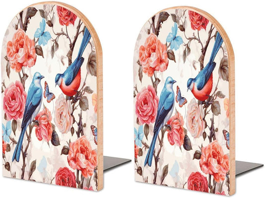 Romantic Fancy Floral Birds Butterfly Wooden Bookend Non-Slip Book Ends Heavy Duty Book Stopper with Metal Base Books Holderd Decorative Bookends Stands Firmly for Office Supplies