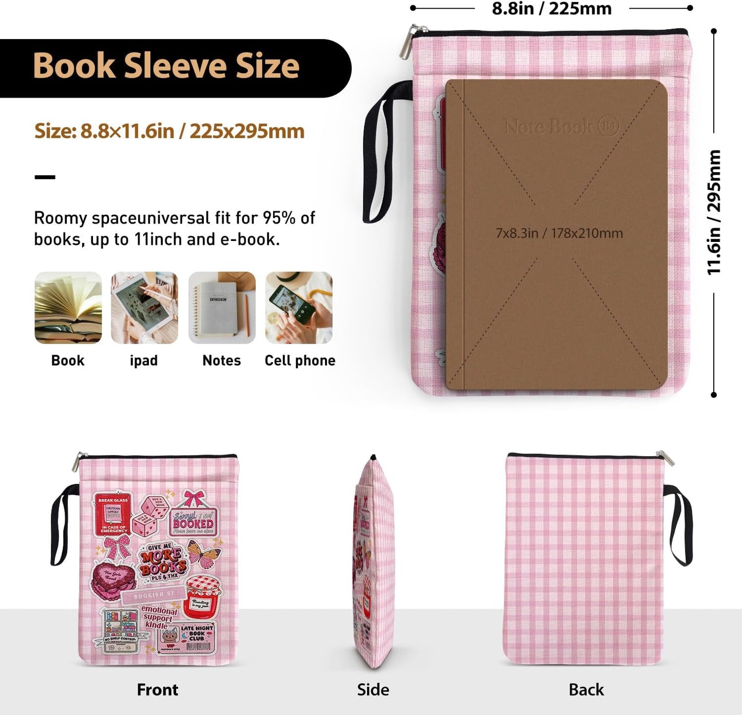 Pink Checkered Collage Style Book Covers for Book Lovers with Handle Pocket, Book Club Gifts for Chritsmas, Reading Accessories for Women Friends Reader Bookish