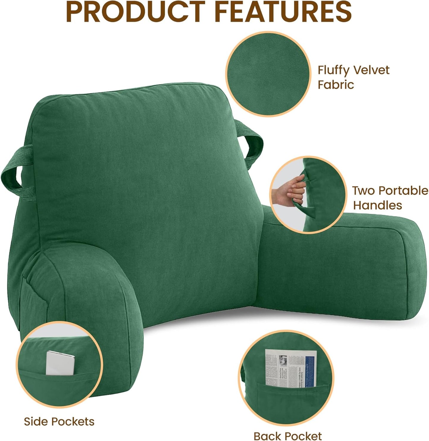 Portable Comfy Reading Pillows for Bed Sitting Up(Green Oeko-Tex), Velvet Back Pillow with Arms & Pockets for Adults, Support Memory Foam Bed Pillow for Dorm/Reading/Watching/Gaming